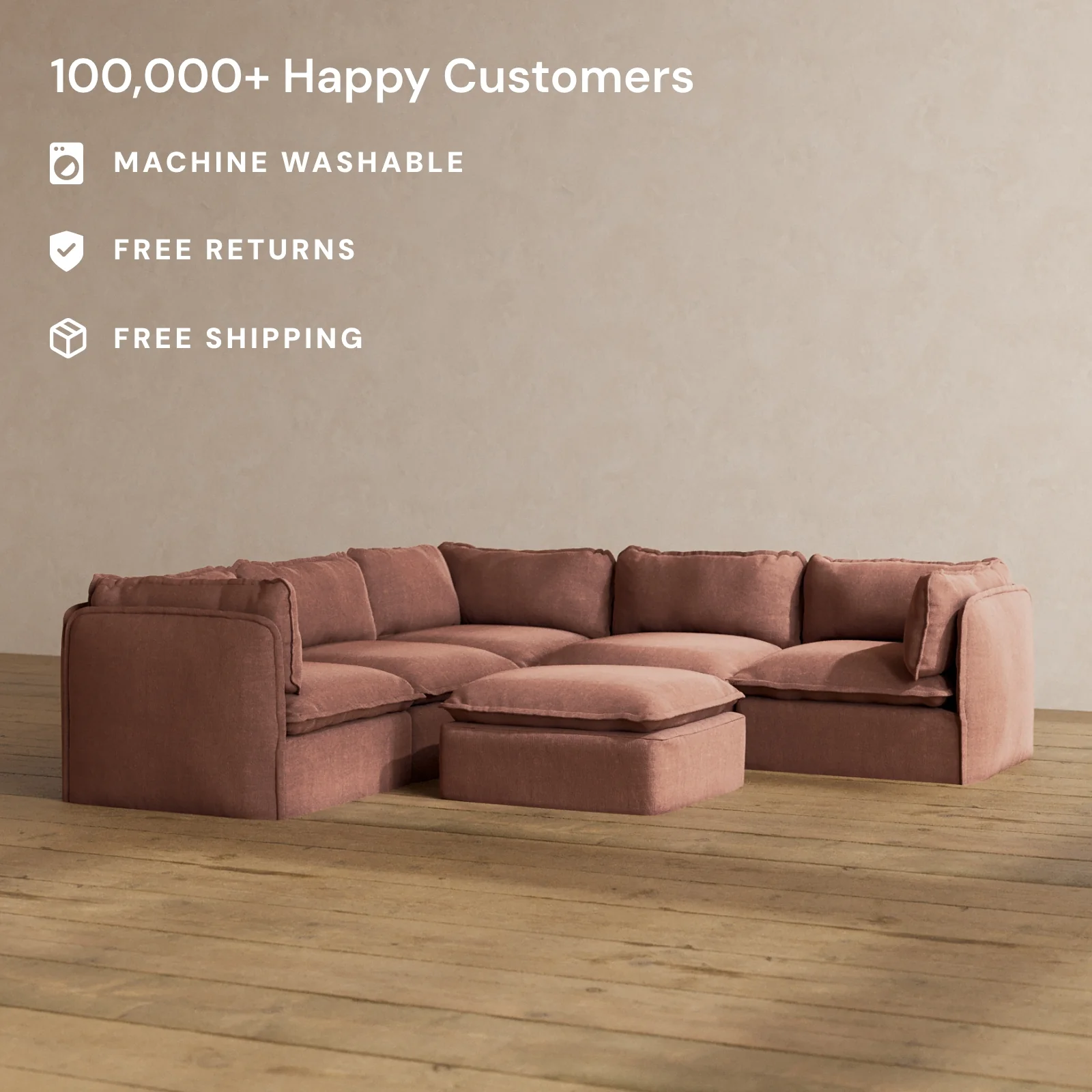 Modular Washable 5-Seater Corner Sectional + Ottoman in Chestnut | Memorix+ Seat | Contour Pillow - Image 2