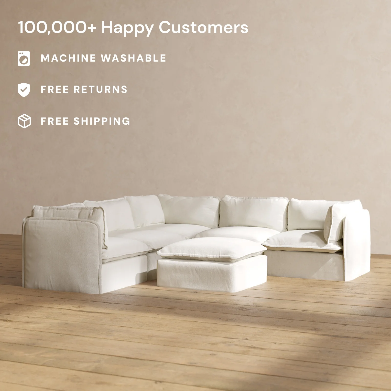 Modular Washable 5-Seater Corner Sectional + Ottoman in Eggshell | Deluxe+ Seat | Cloud Pillow - Image 2