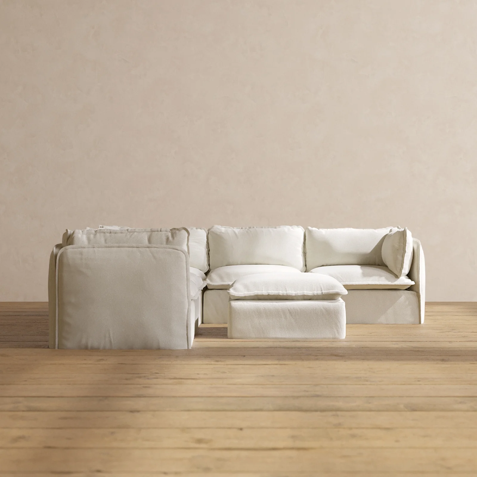 Modular Washable 5-Seater Corner Sectional + Ottoman in Eggshell | Memorix+ Seat | Contour Pillow