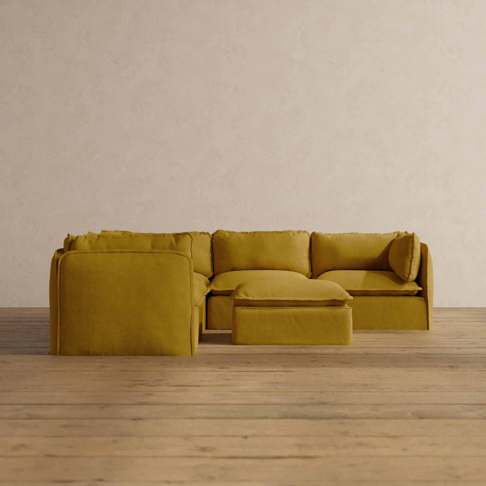 Modular Washable 5-Seater Corner Sectional + Ottoman in Kiiro | Deluxe+ Seat | Cloud Pillow