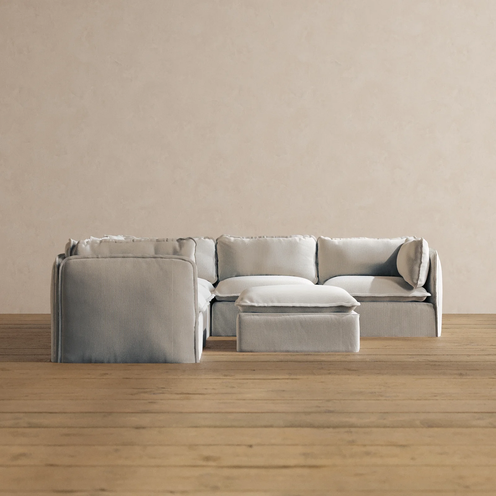Modular Washable 5-Seater Corner Sectional + Ottoman in Milk | Deluxe+ Seat | Cloud Pillow
