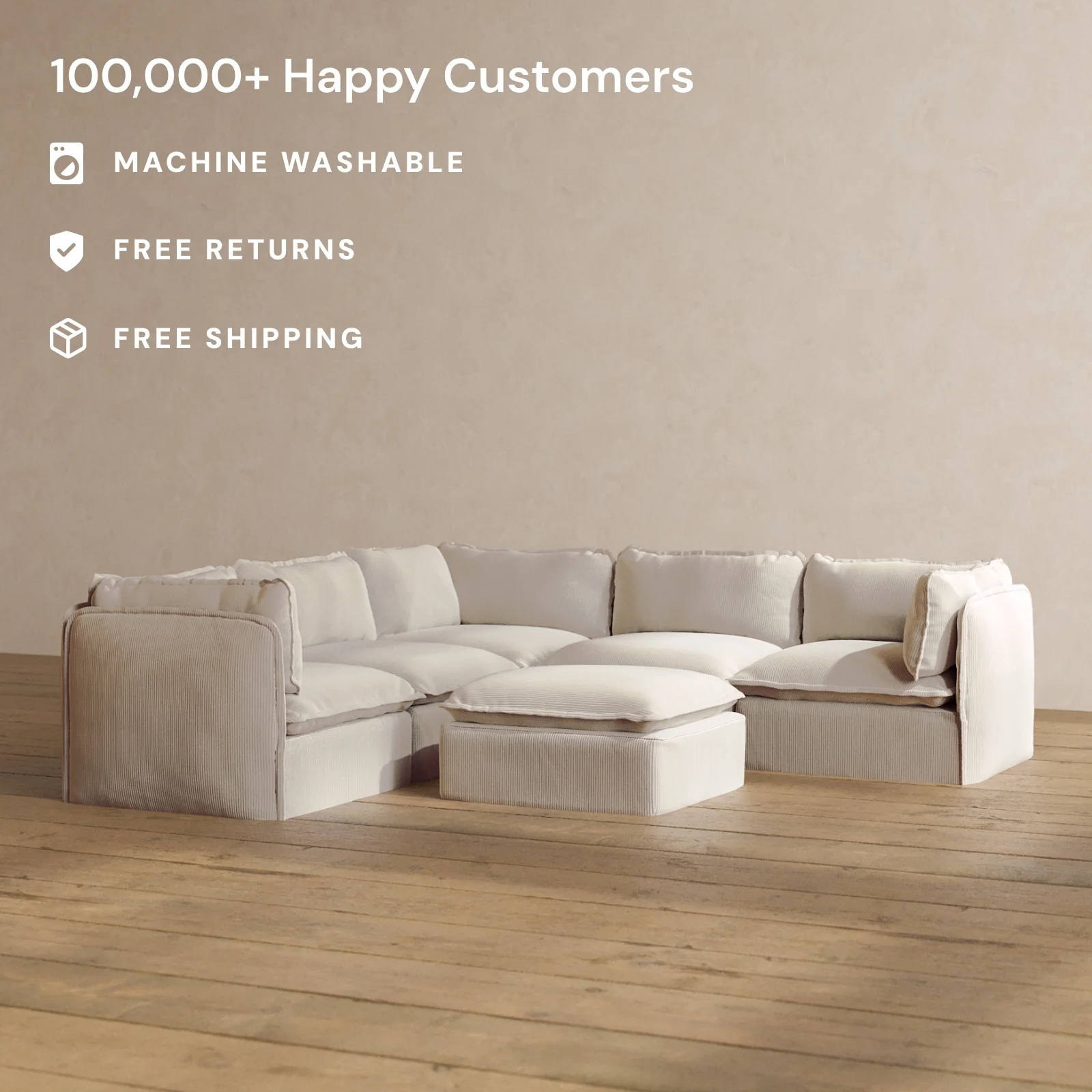 Modular Washable 5-Seater Corner Sectional + Ottoman in Milk | Memorix+ Seat | Contour Pillow - Image 2