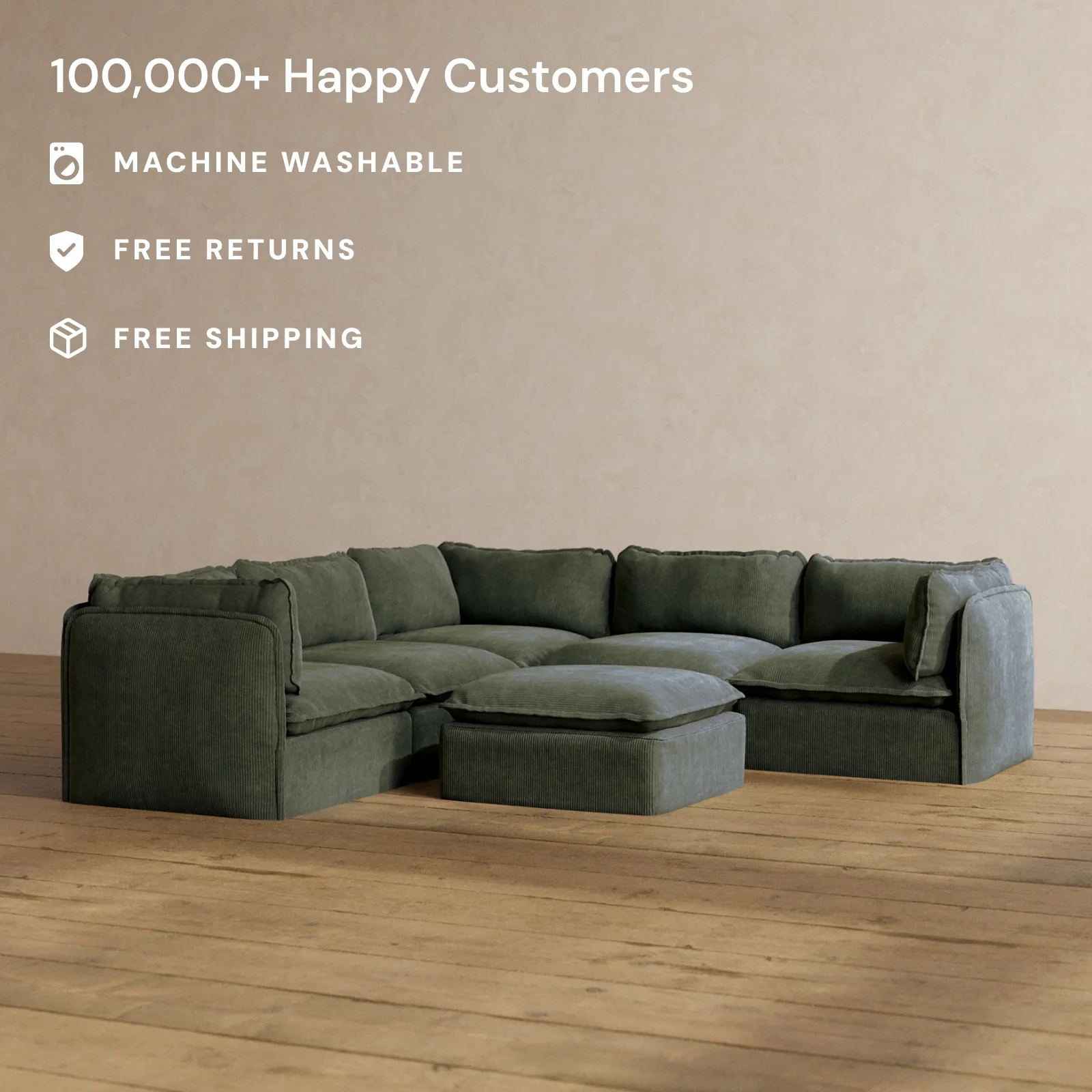 Modular Washable 5-Seater Corner Sectional + Ottoman in Olivine | Deluxe+ Seat | Cloud Pillow - Image 2