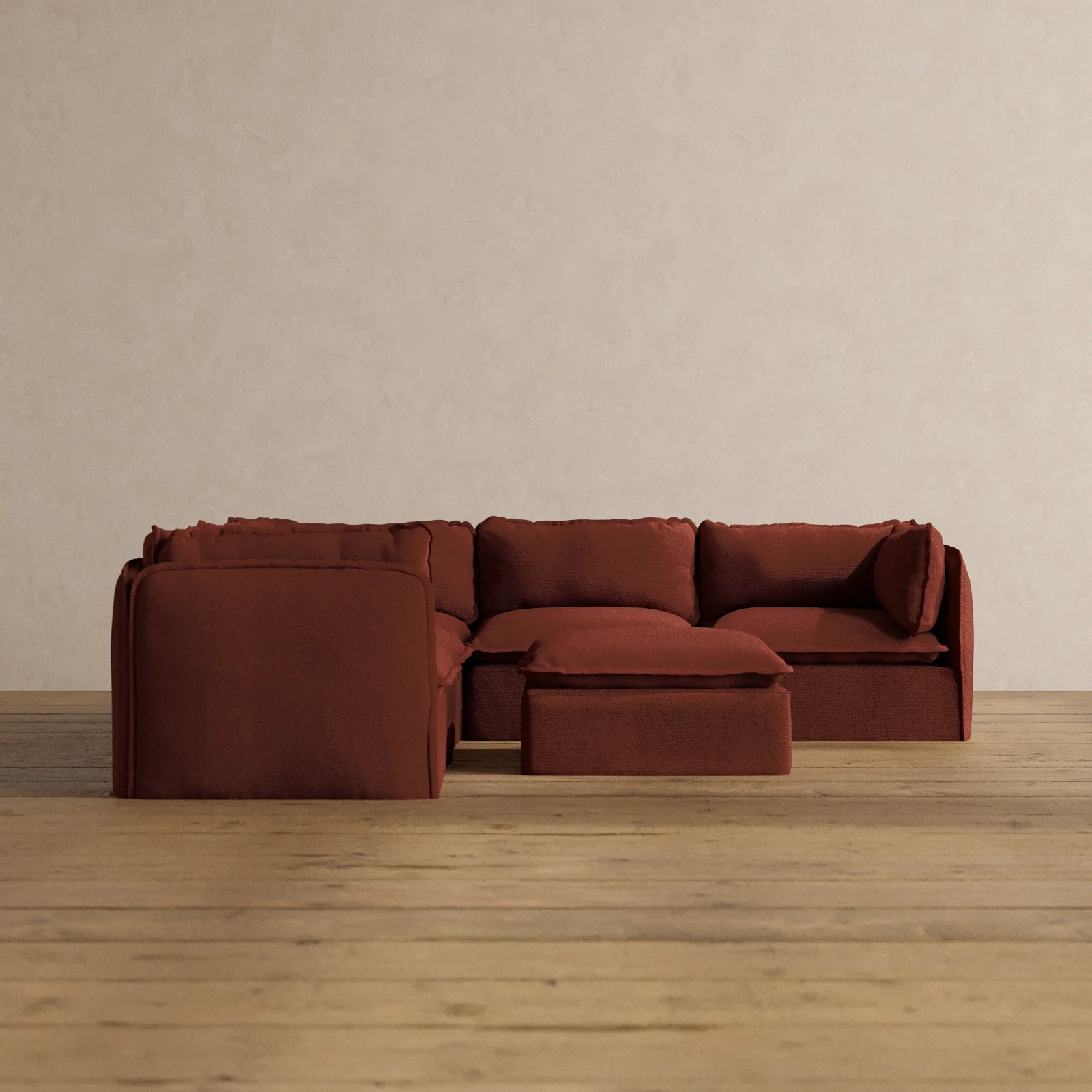 Modular Washable 5-Seater Corner Sectional + Ottoman in Rust | Memorix+ Seat | Contour Pillow