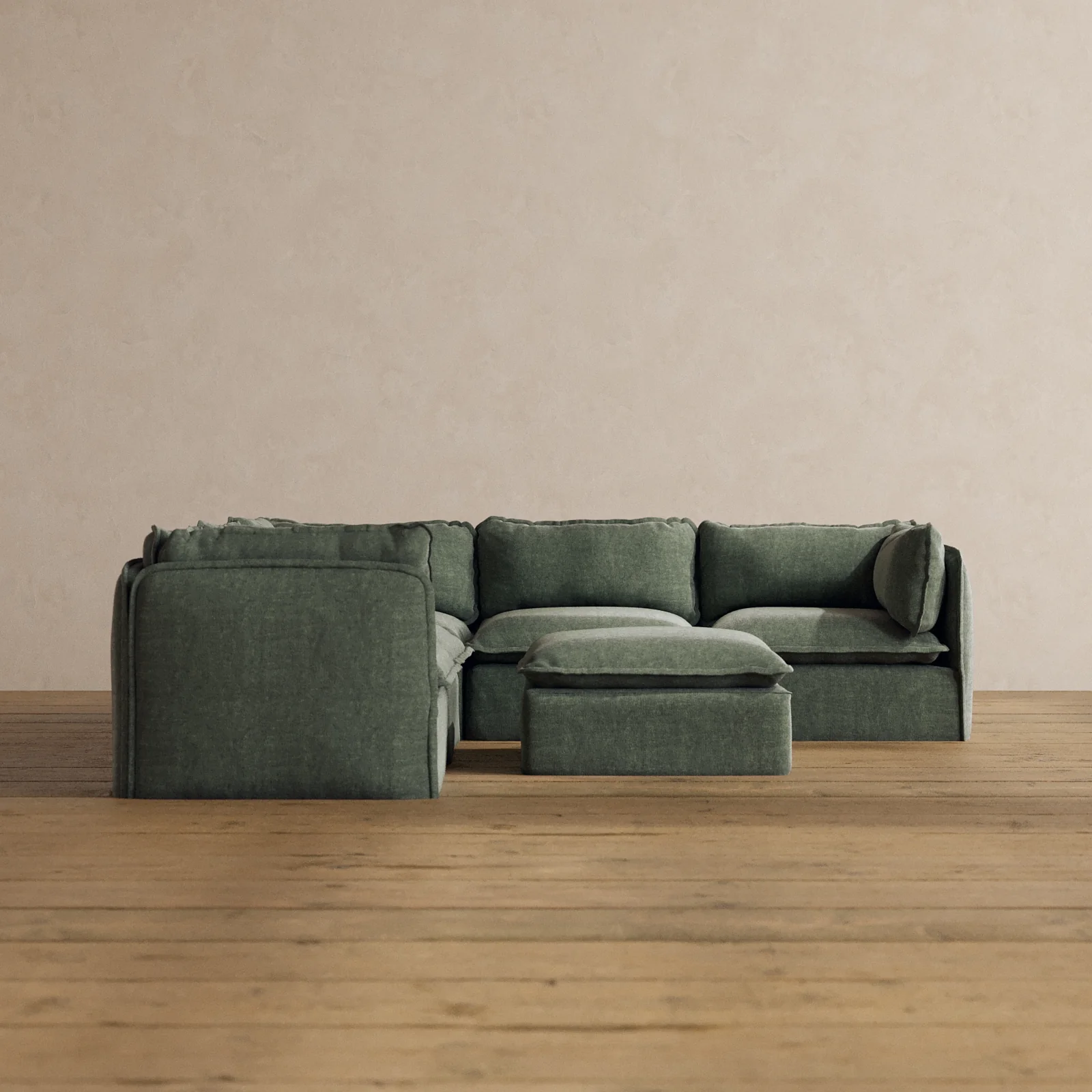Modular Washable 5-Seater Corner Sectional + Ottoman in Willow | Deluxe+ Seat | Cloud Pillow