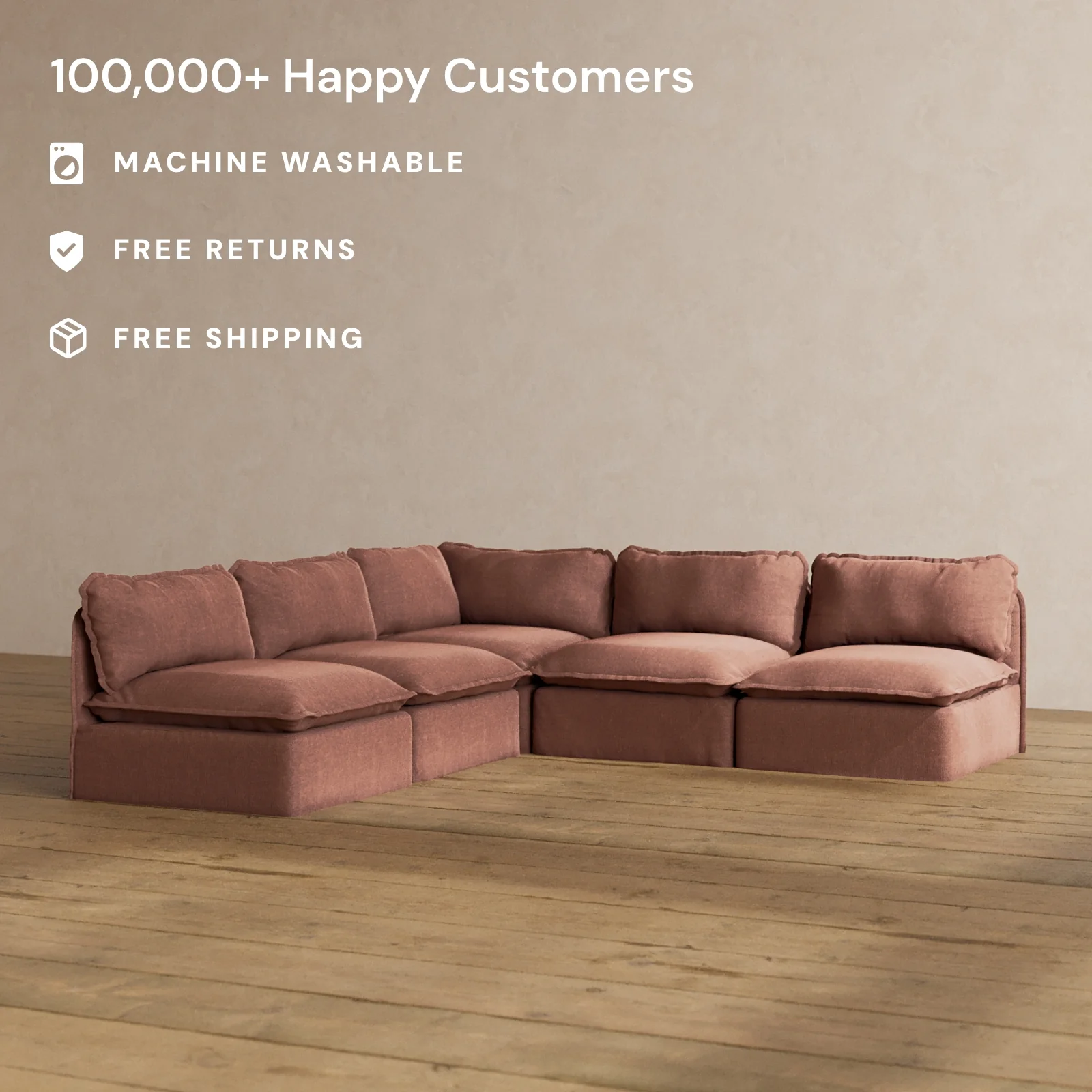 Modular Washable 5-Seater Open-Ends Corner Sectional in Chestnut | Deluxe+ Seat | Cloud Pillow - Image 2