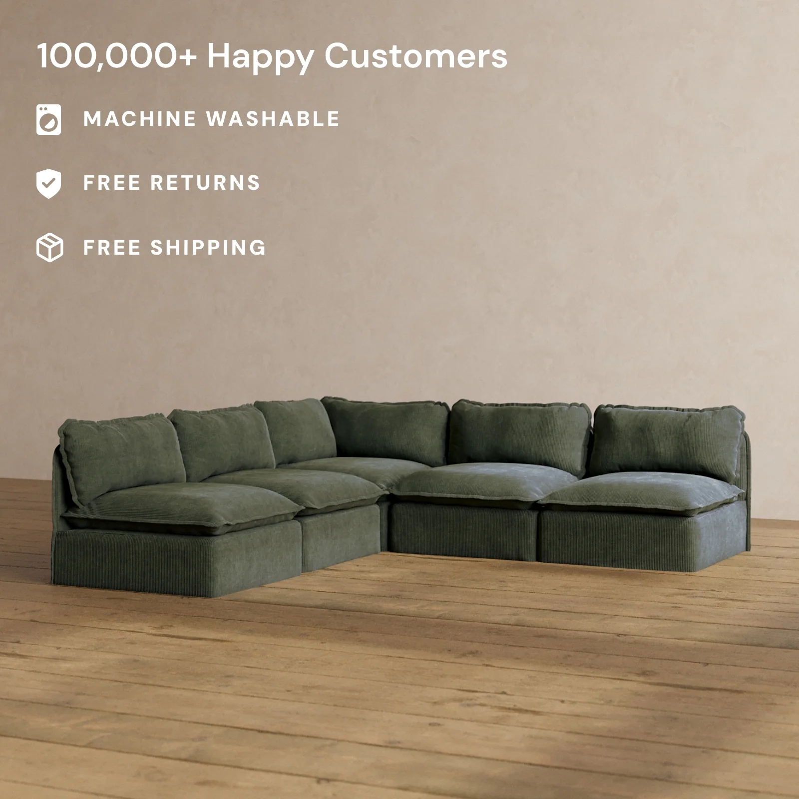 Modular Washable 5-Seater Open-Ends Corner Sectional in Olivine | Deluxe+ Seat | Cloud Pillow - Image 2