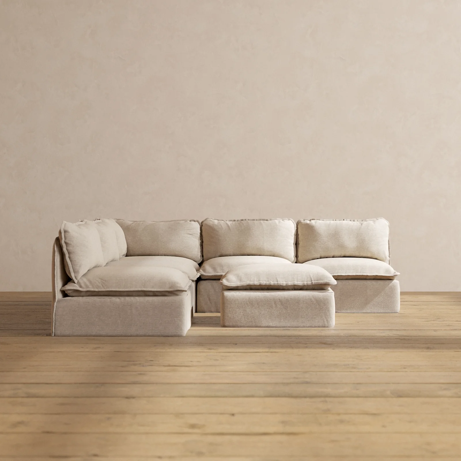 Modular Washable 5-Seater Open-Ends Corner Sectional + Ottoman in Oat | Deluxe+ Seat | Cloud Pillow