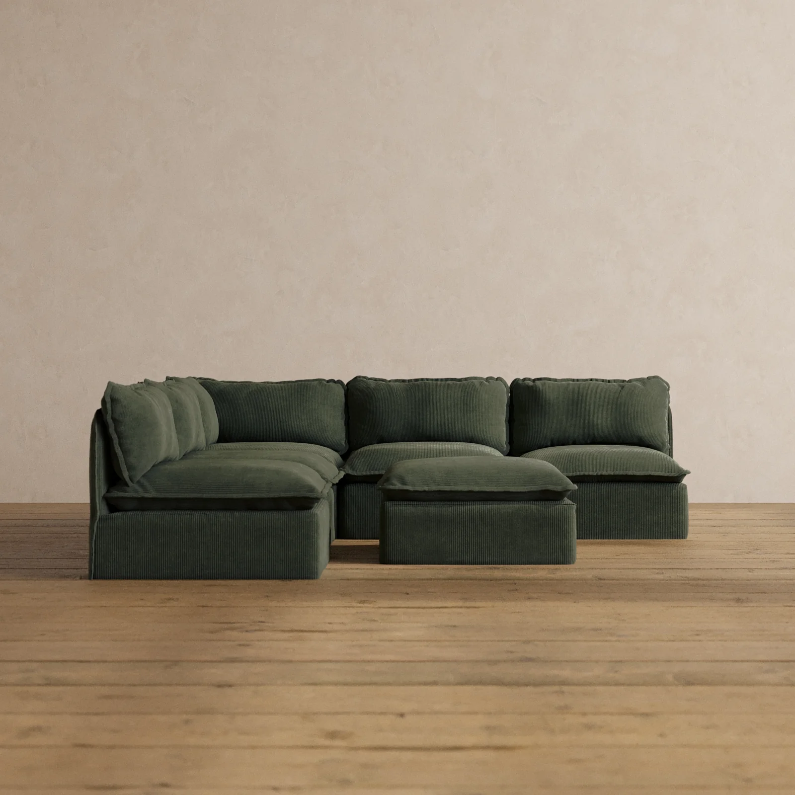 Modular Washable 5-Seater Open-Ends Corner Sectional + Ottoman in Olivine | Deluxe+ Seat | Cloud Pillow
