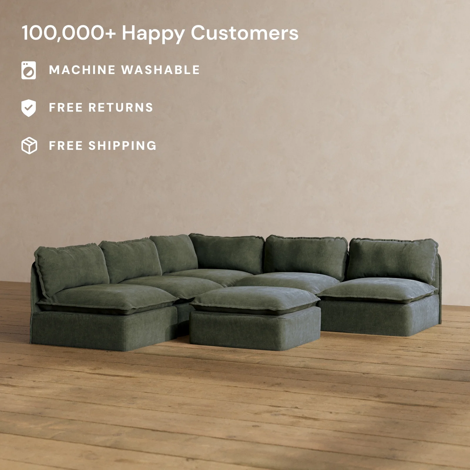 Modular Washable 5-Seater Open-Ends Corner Sectional + Ottoman in Olivine | Memorix+ Seat | Contour Pillow - Image 2