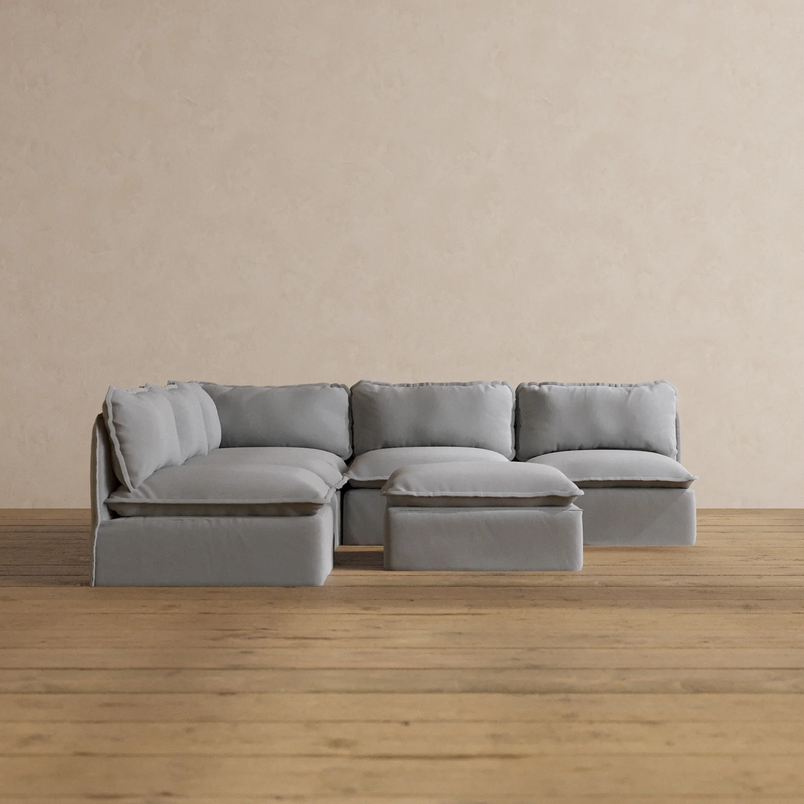 Modular Washable 5-Seater Open-Ends Corner Sectional + Ottoman in Pumice | Memorix+ Seat | Contour Pillow
