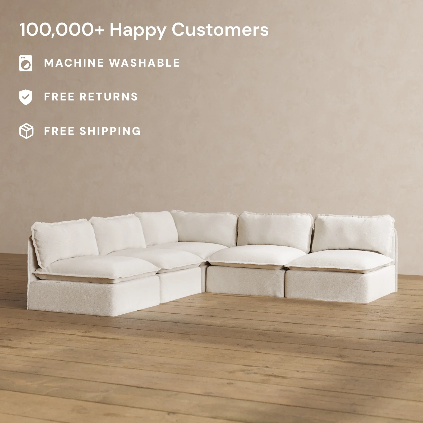 Modular Washable 5-Seater Open-Ends Corner Sectional in Powder | Deluxe+ Seat | Cloud Pillow - Image 2