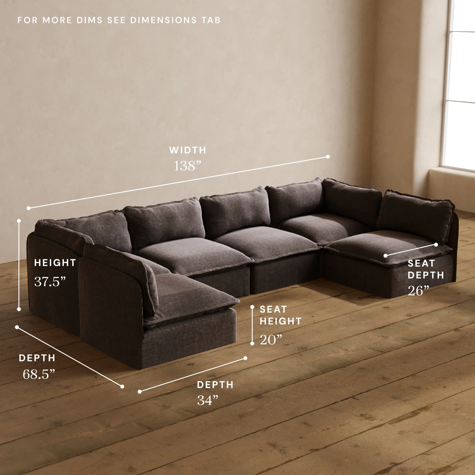 Modular Washable 6-Seater Open-Ends U-Sectional in Caviar | Deluxe+ Seat | Cloud Pillow - Image 5