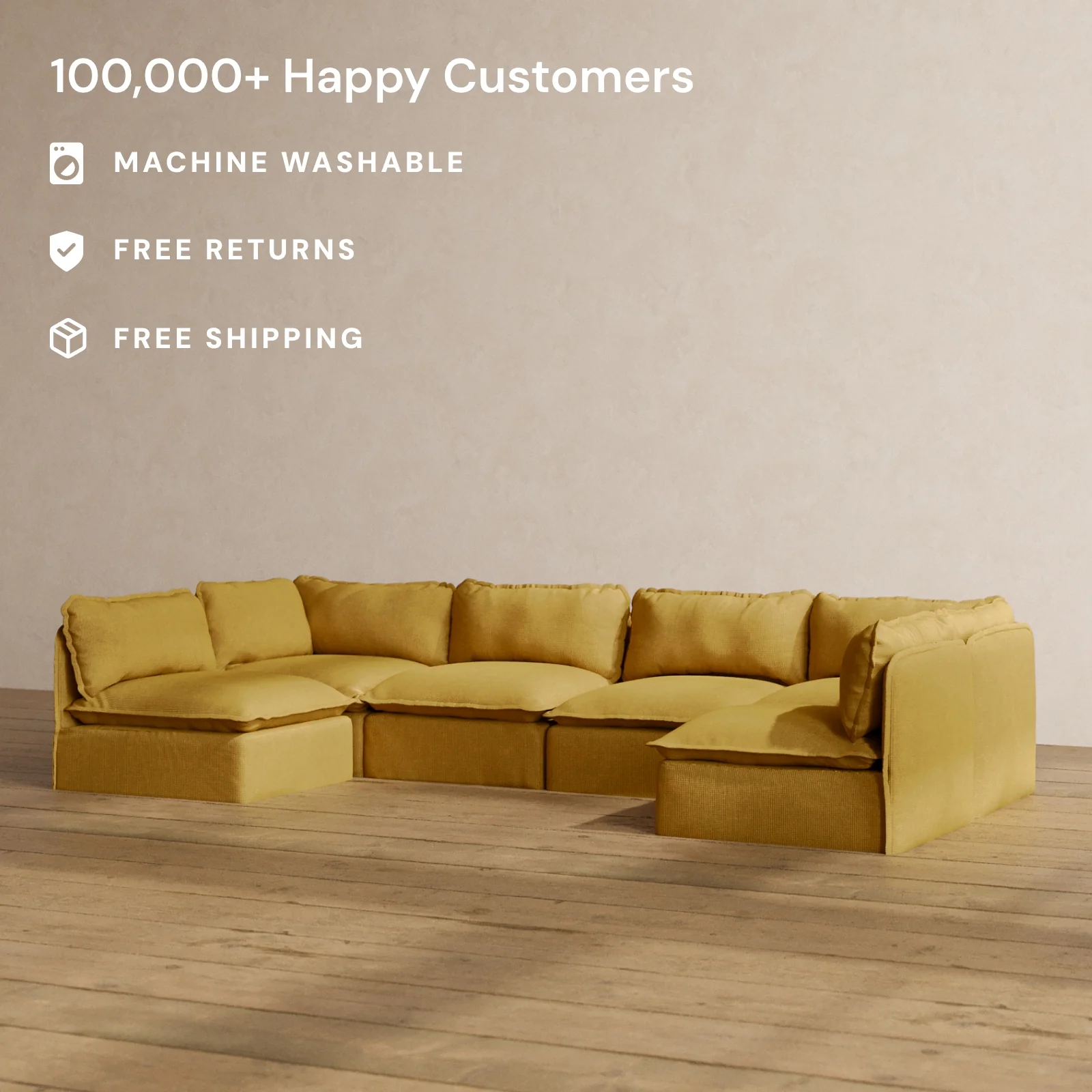 Modular Washable 6-Seater Open-Ends U-Sectional in Kiiro | Memorix+ Seat | Contour Pillow - Image 2