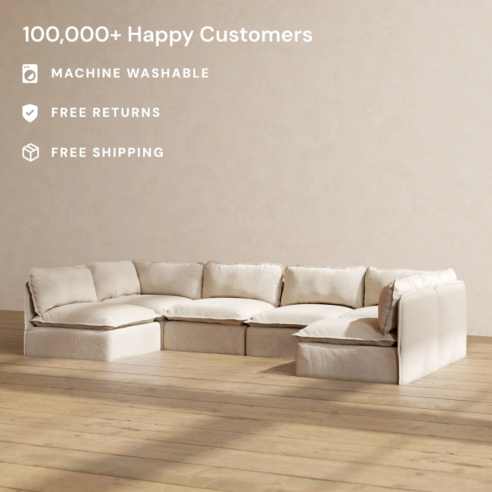 Modular Washable 6-Seater Open-Ends U-Sectional in Oat | Deluxe+ Seat | Cloud Pillow - Image 2