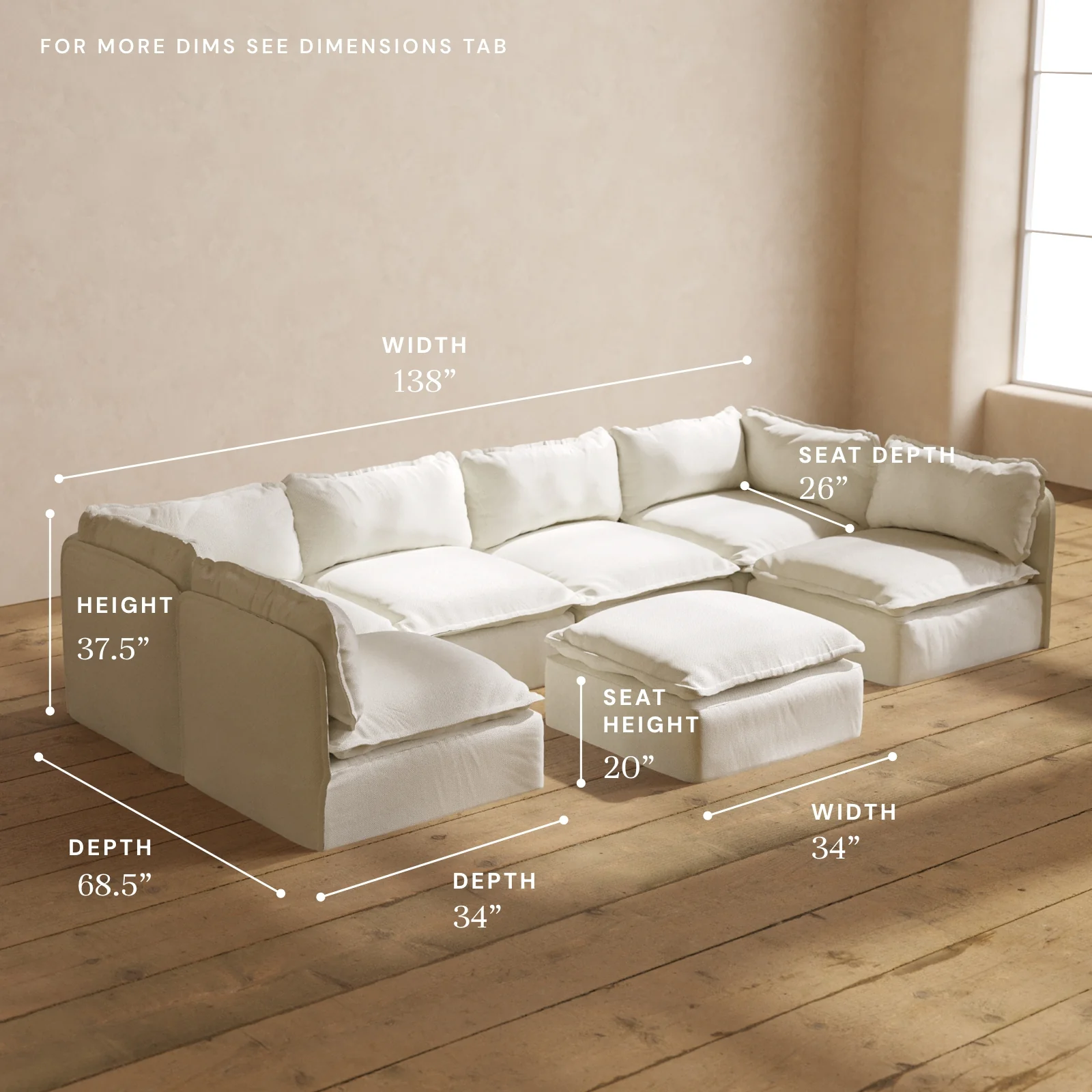 Modular Washable 6-Seater Open-Ends U-Sectional + Ottoman in Eggshell | Memorix+ Seat | Contour Pillow - Image 5