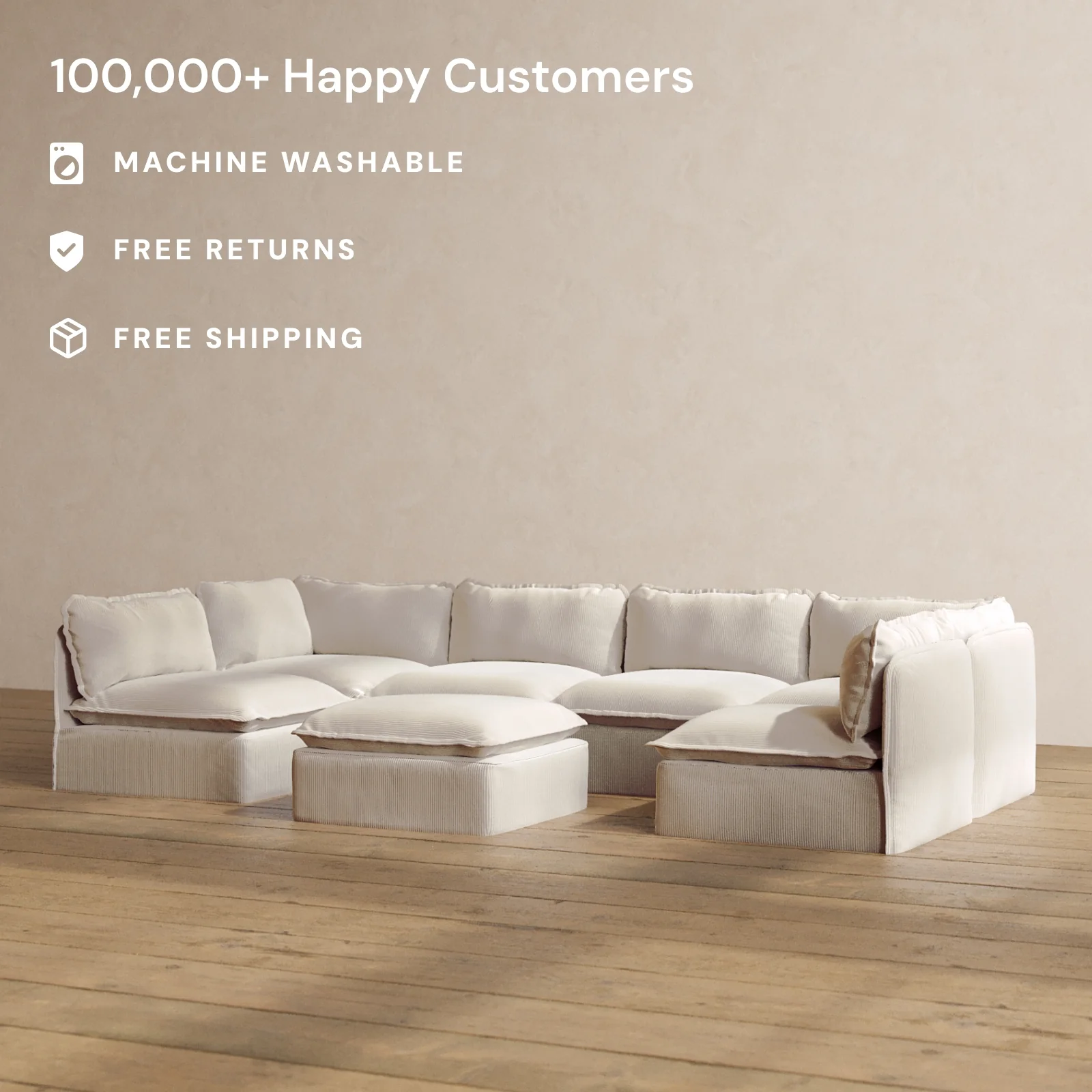 Modular Washable 6-Seater Open-Ends U-Sectional + Ottoman in Milk | Memorix+ Seat | Contour Pillow - Image 2