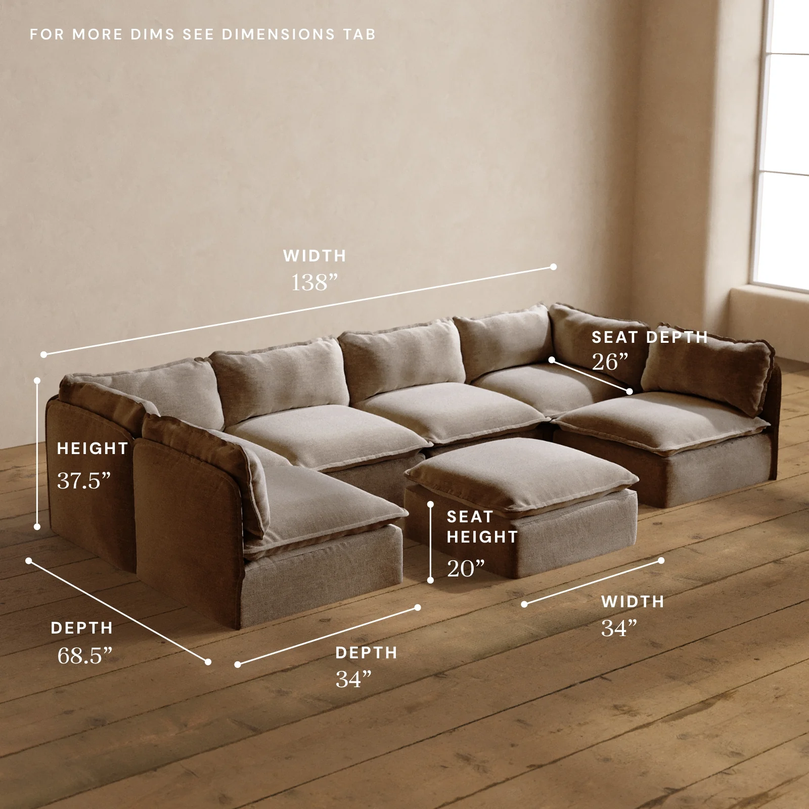 Modular Washable 6-Seater Open-Ends U-Sectional + Ottoman in Mist | Deluxe+ Seat | Cloud Pillow - Image 5
