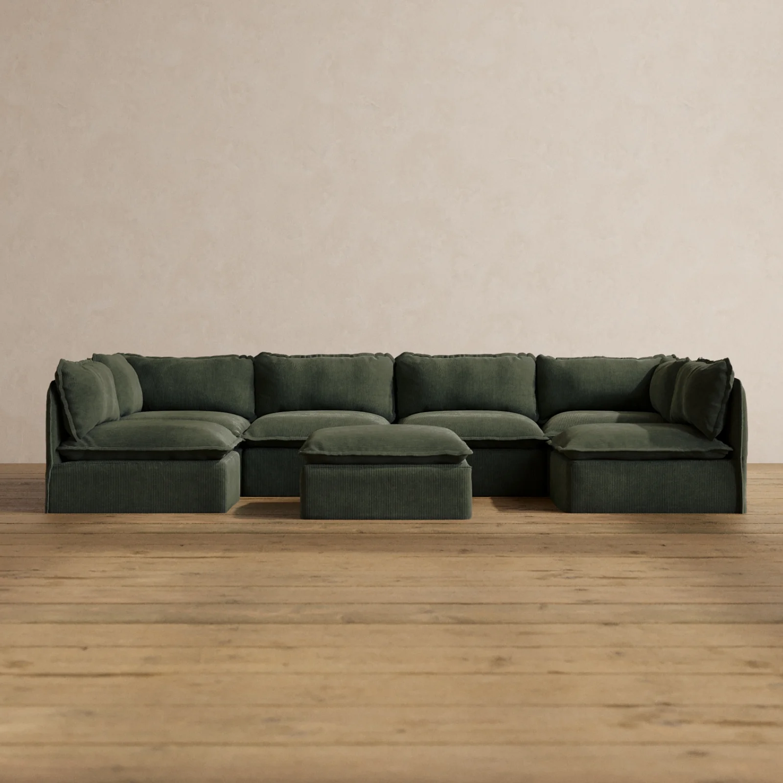 Modular Washable 6-Seater Open-Ends U-Sectional + Ottoman in Olivine | Memorix+ Seat | Contour Pillow