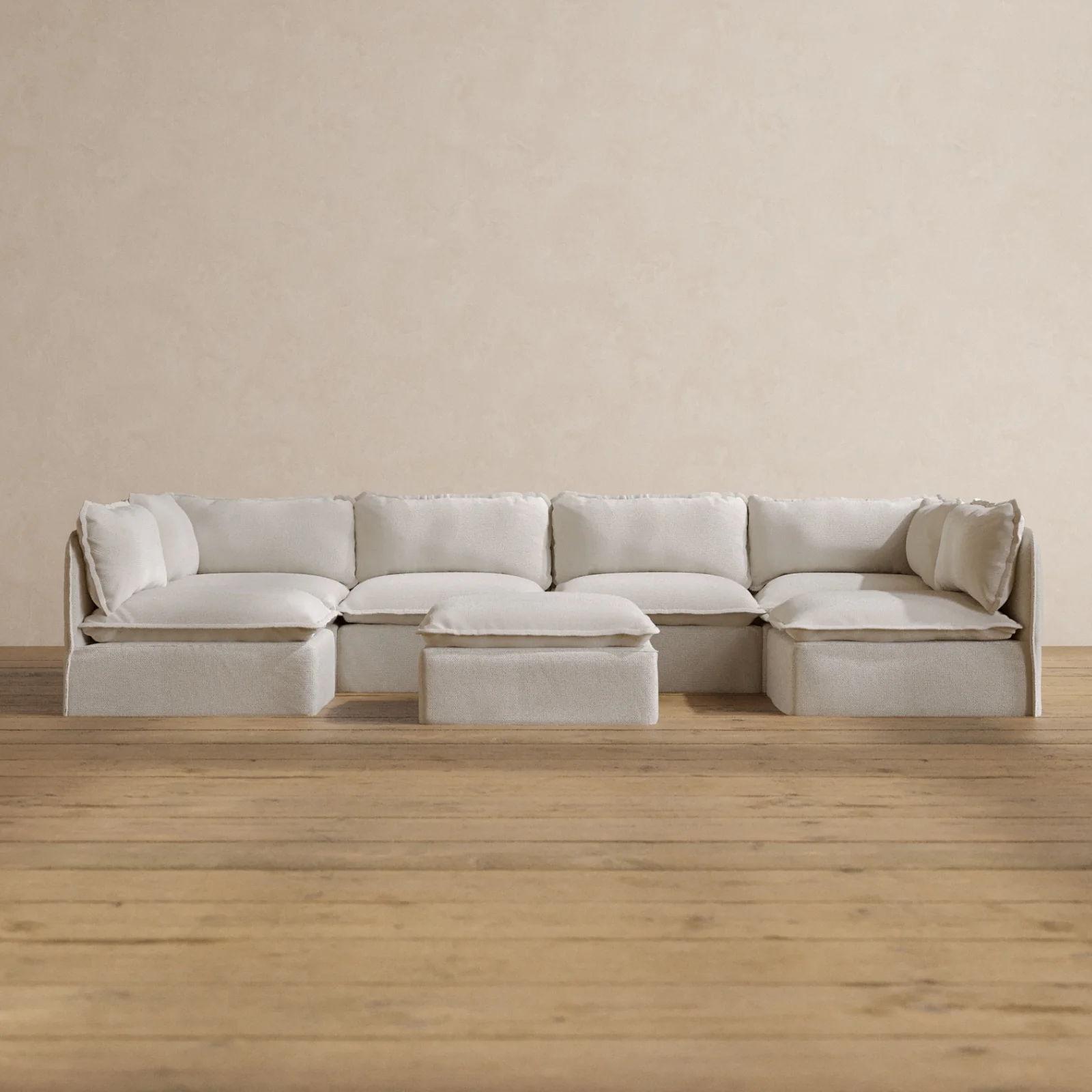 Modular Washable 6-Seater Open-Ends U-Sectional + Ottoman in Powder | Memorix+ Seat | Contour Pillow