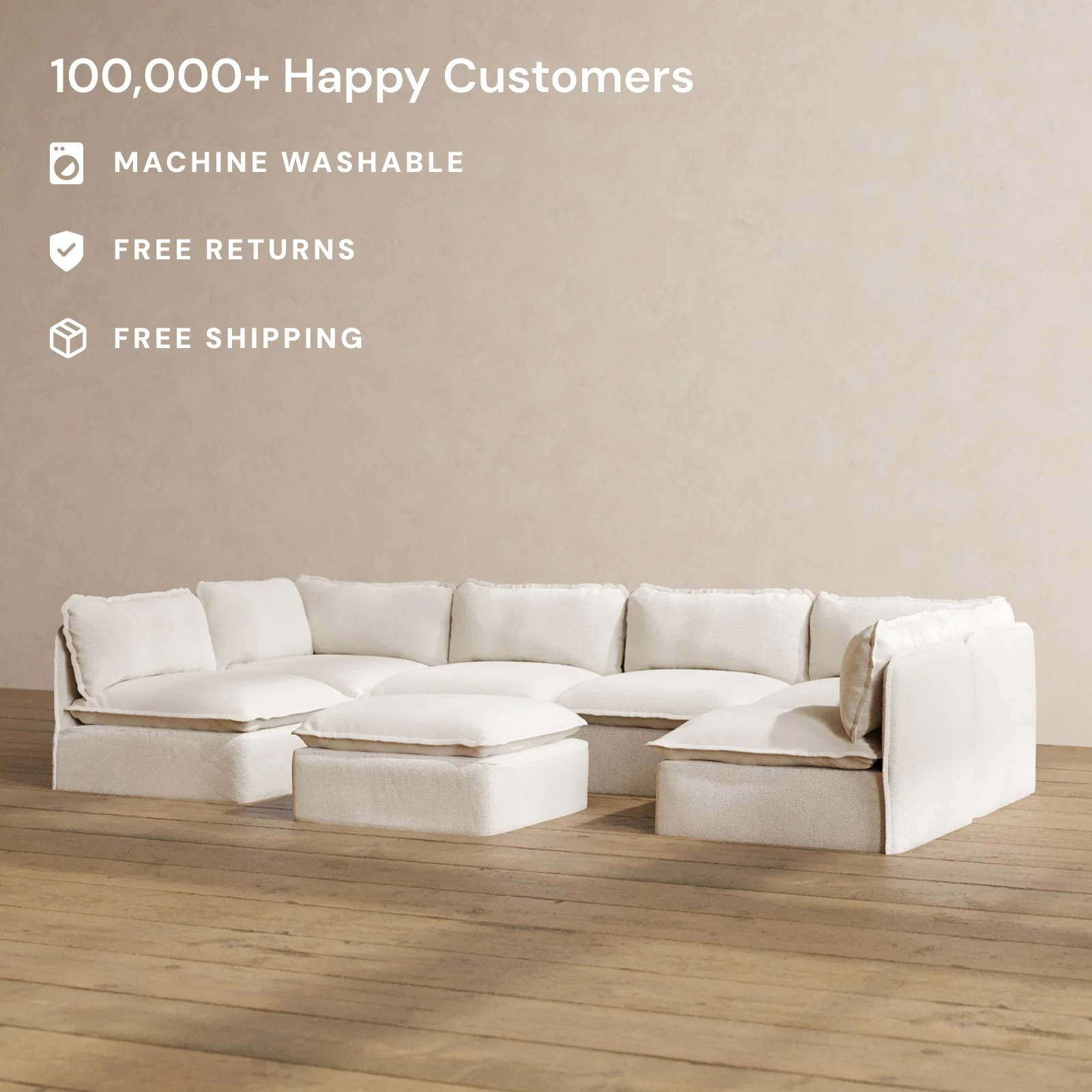 Modular Washable 6-Seater Open-Ends U-Sectional + Ottoman in Powder | Memorix+ Seat | Contour Pillow - Image 2