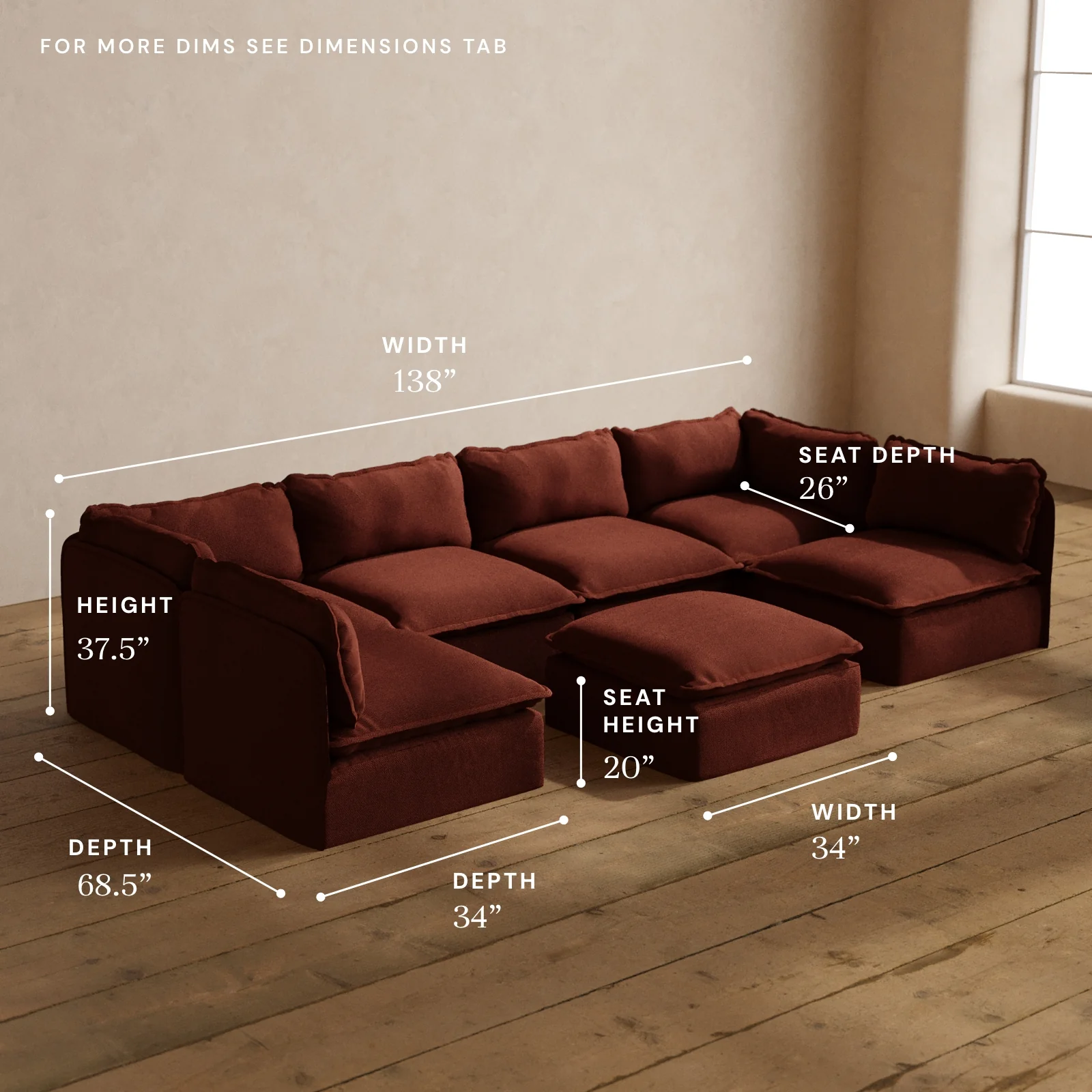 Modular Washable 6-Seater Open-Ends U-Sectional + Ottoman in Rust | Deluxe+ Seat | Cloud Pillow - Image 5
