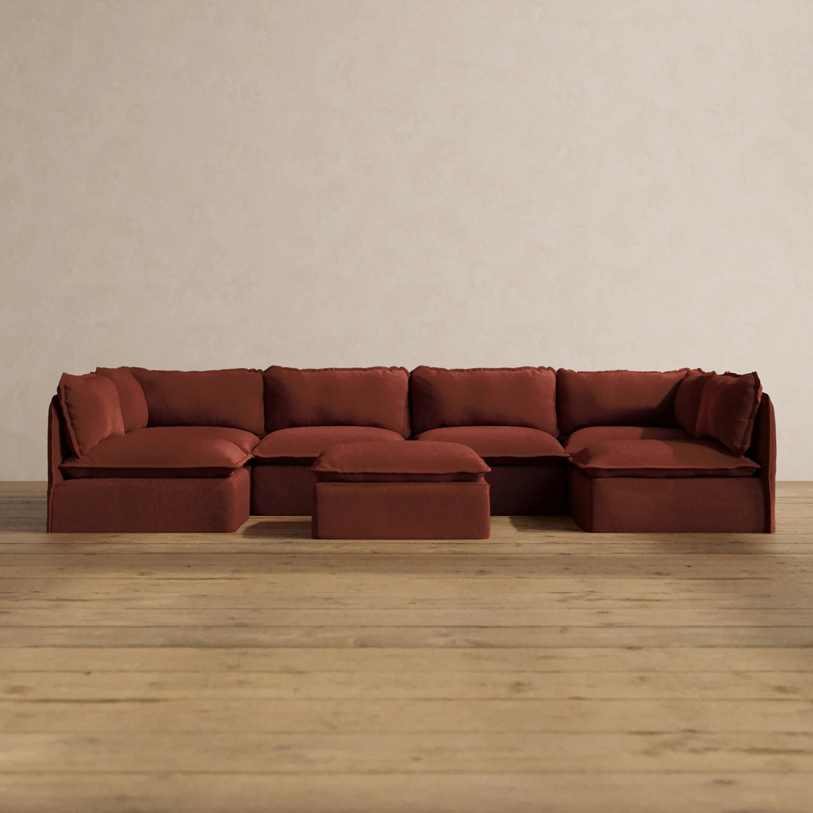 Modular Washable 6-Seater Open-Ends U-Sectional + Ottoman in Rust | Memorix+ Seat | Contour Pillow