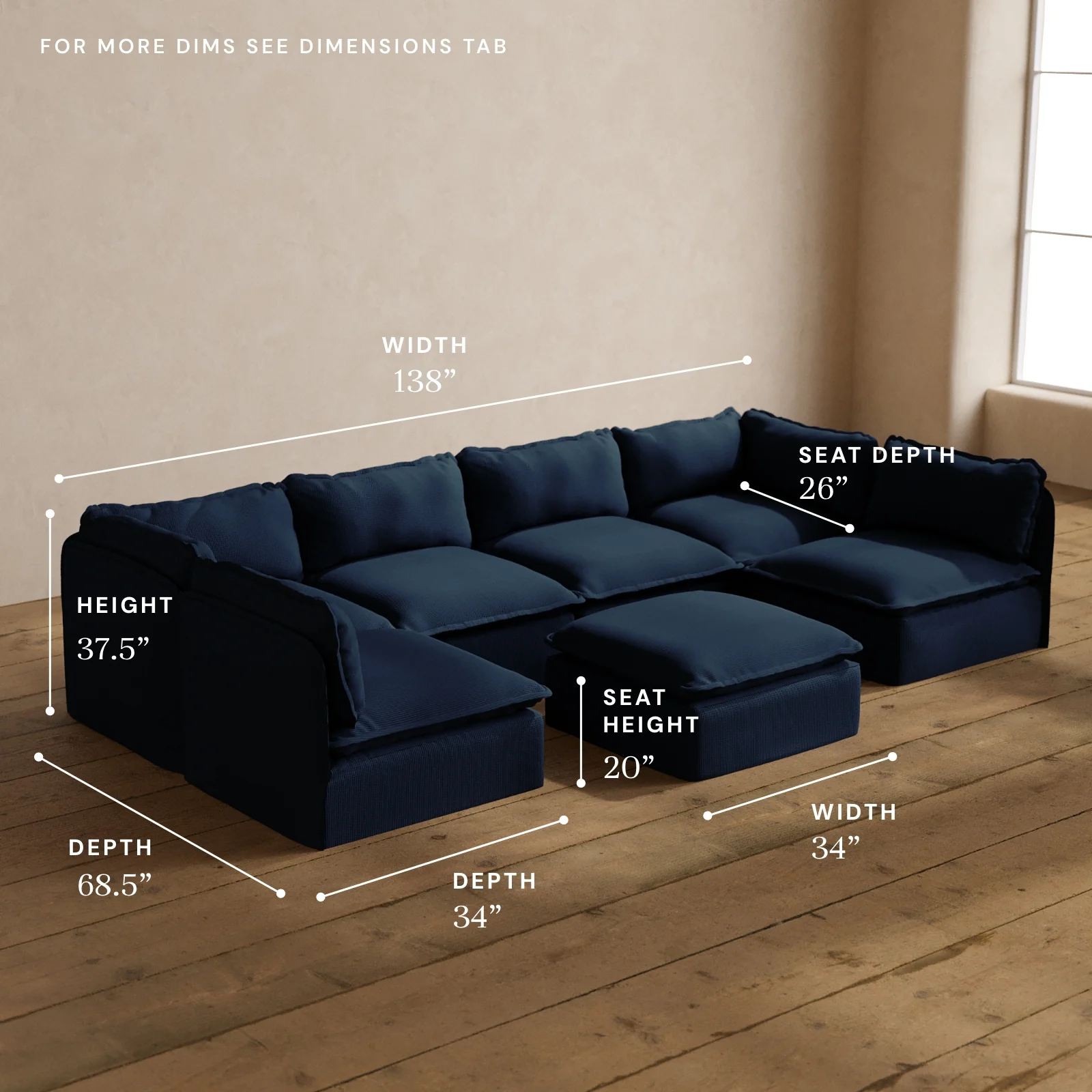 Modular Washable 6-Seater Open-Ends U-Sectional + Ottoman in Sumi | Deluxe+ Seat | Cloud Pillow - Image 5
