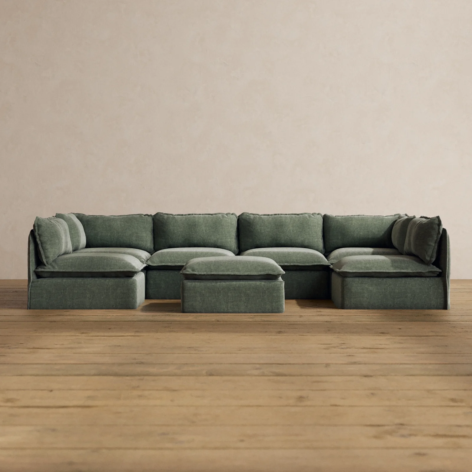 Modular Washable 6-Seater Open-Ends U-Sectional + Ottoman in Willow | Memorix+ Seat | Contour Pillow