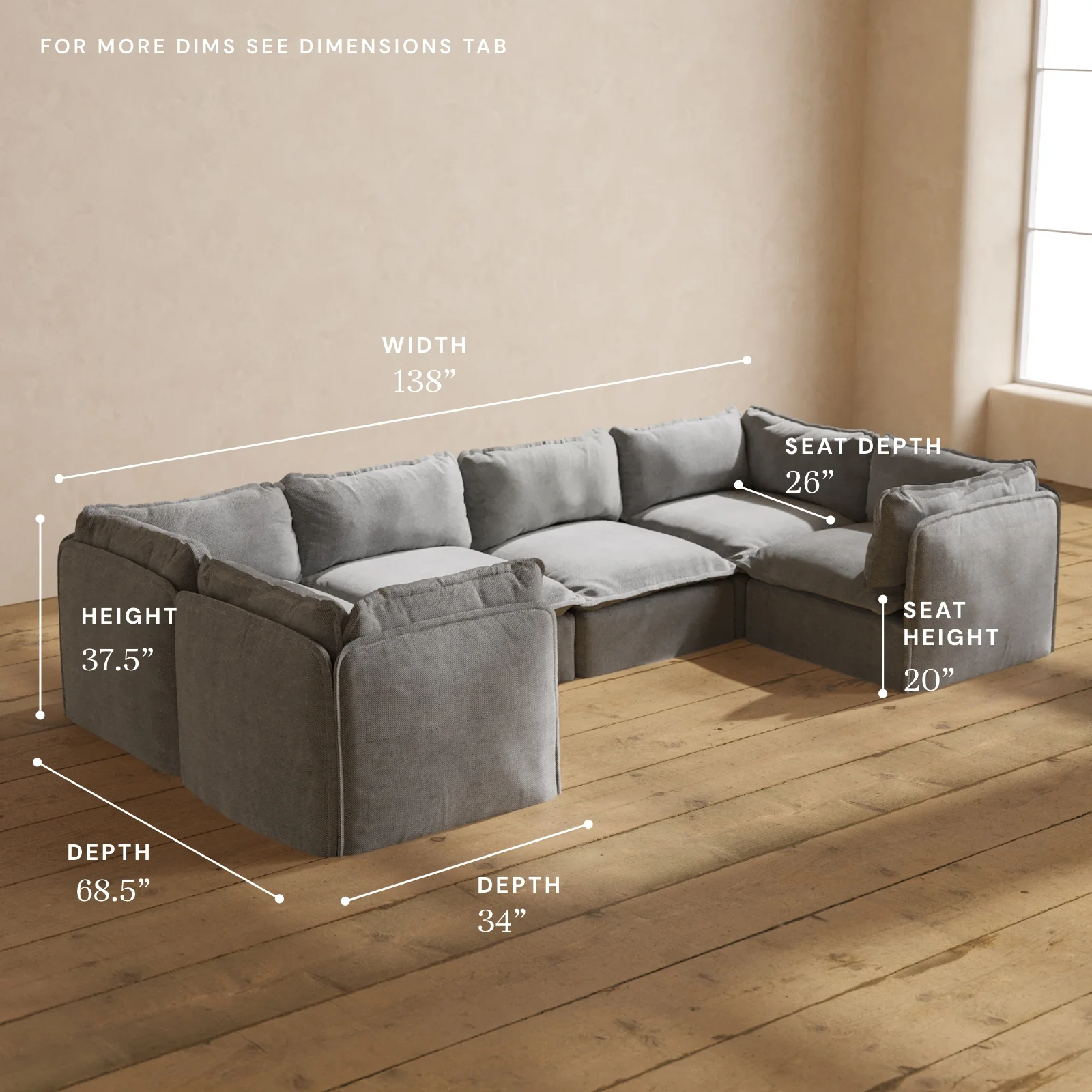 Modular Washable 6-Seater U-Sectional in Ash | Deluxe+ Seat | Cloud Pillow - Image 5