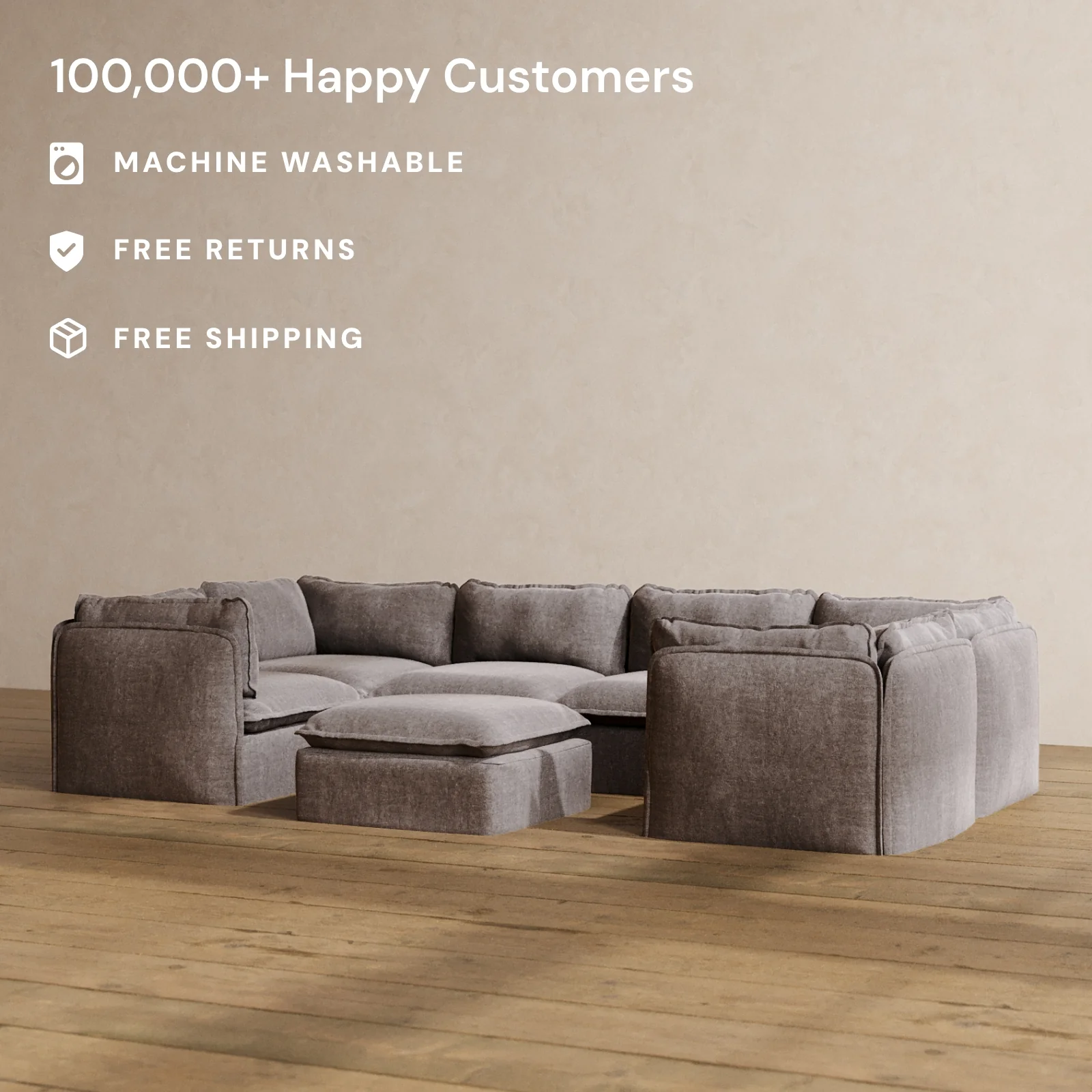 Modular Washable 6-Seater U-Sectional + Ottoman in Caviar | Memorix+ Seat | Contour Pillow - Image 2