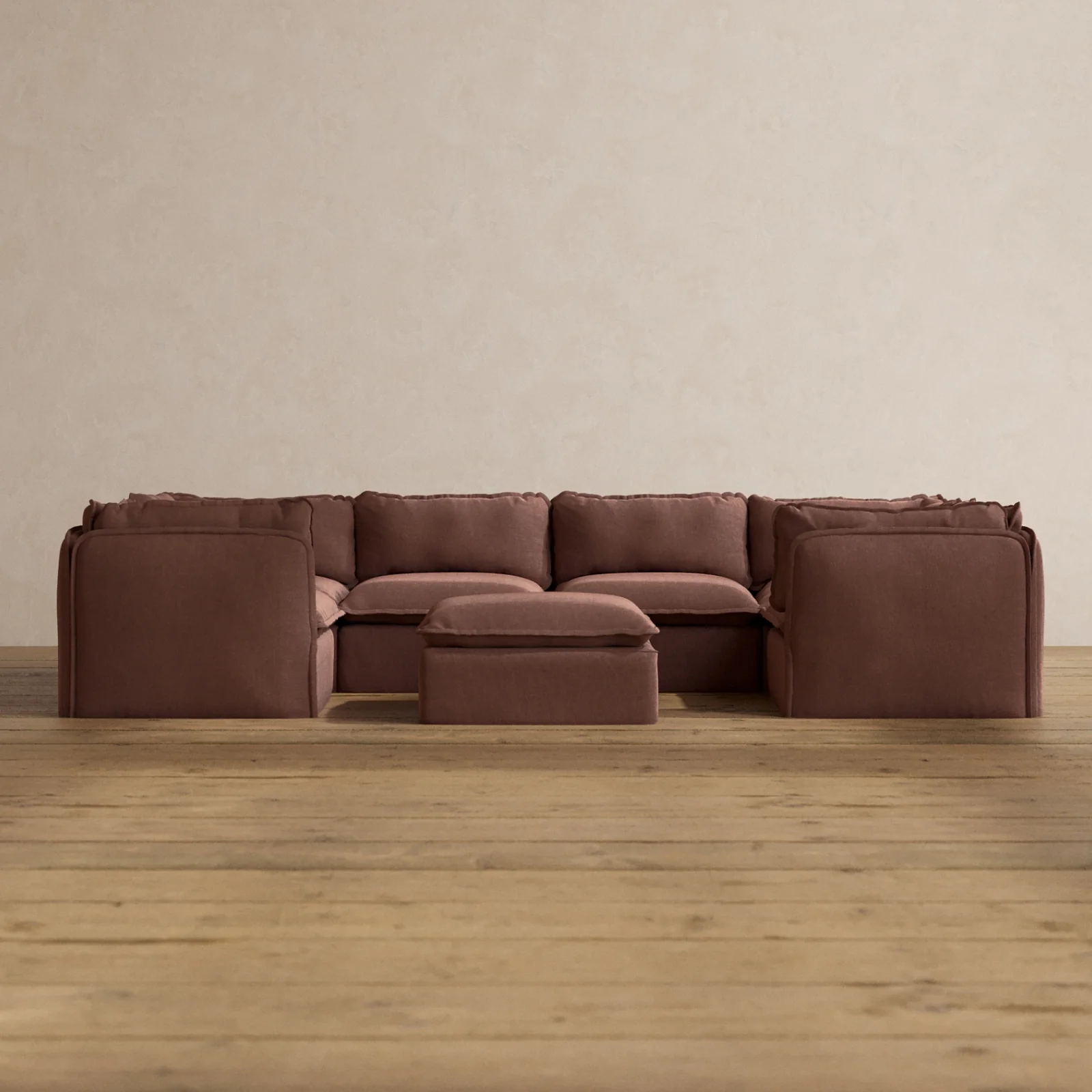 Modular Washable 6-Seater U-Sectional + Ottoman in Chestnut | Deluxe+ Seat | Cloud Pillow