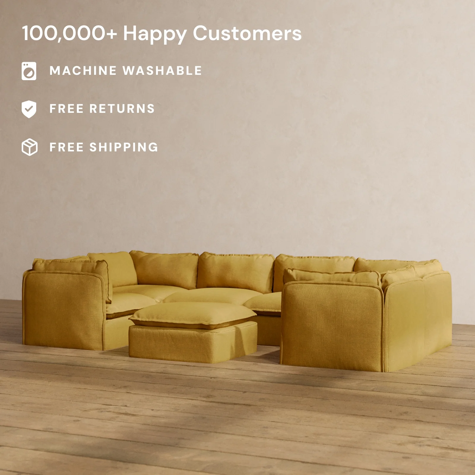 Modular Washable 6-Seater U-Sectional + Ottoman in Kiiro | Memorix+ Seat | Contour Pillow - Image 2