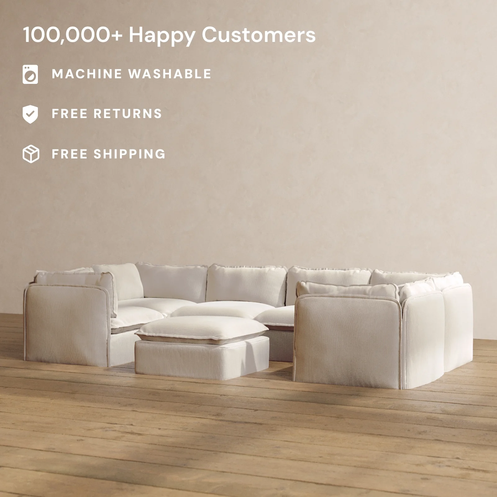 Modular Washable 6-Seater U-Sectional + Ottoman in Milk | Deluxe+ Seat | Cloud Pillow - Image 2