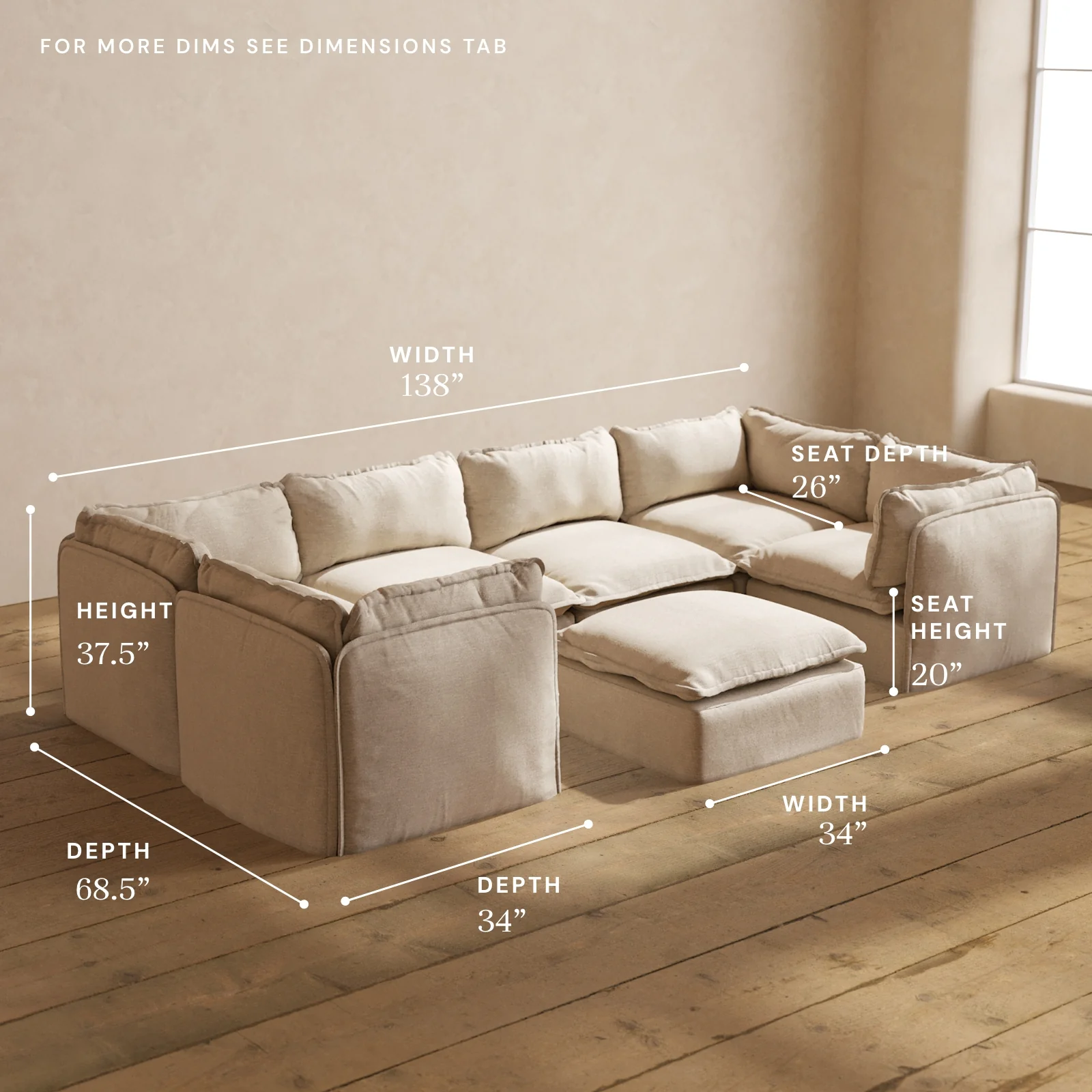 Modular Washable 6-Seater U-Sectional + Ottoman in Oat | Deluxe+ Seat | Cloud Pillow - Image 5