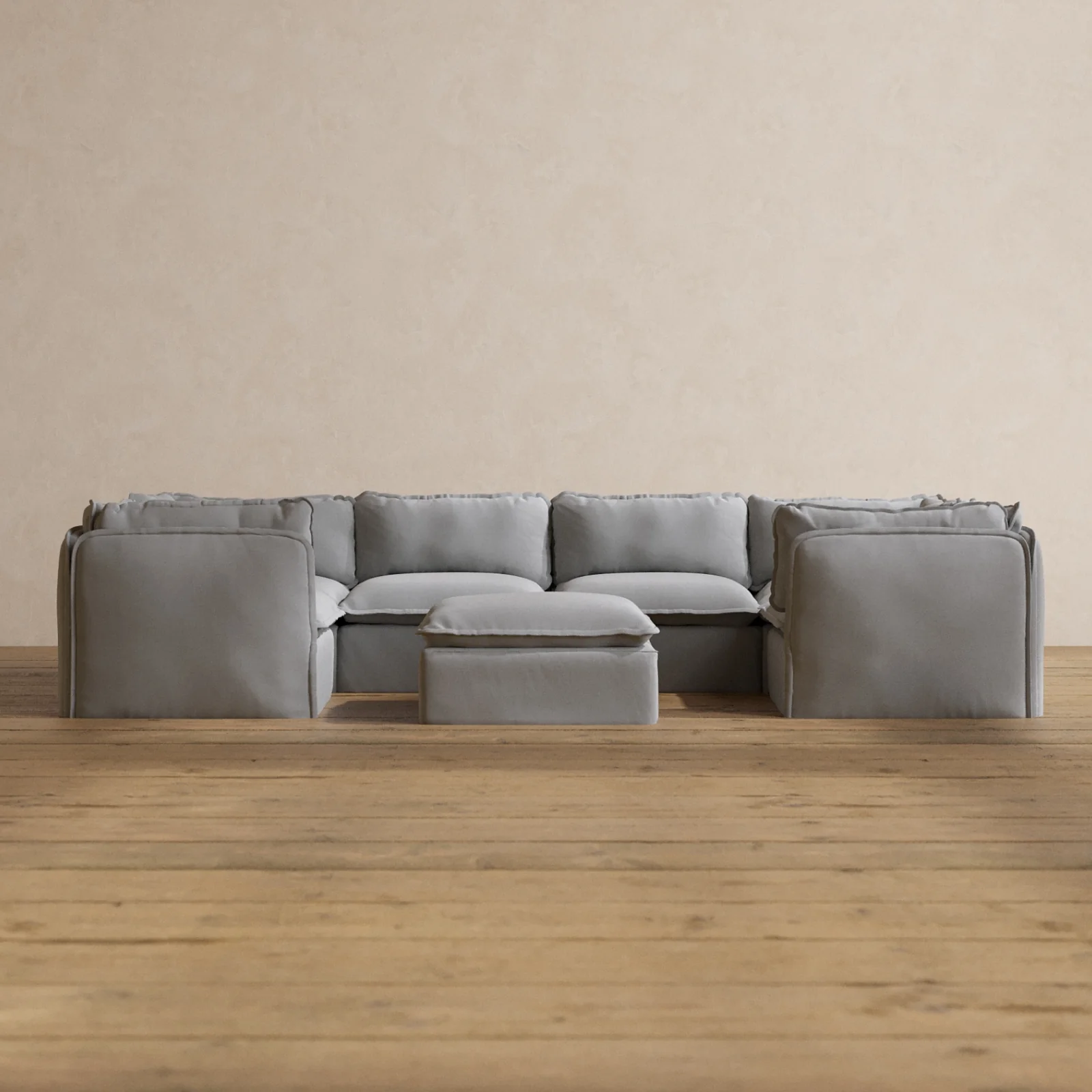 Modular Washable 6-Seater U-Sectional + Ottoman in Pumice | Memorix+ Seat | Contour Pillow