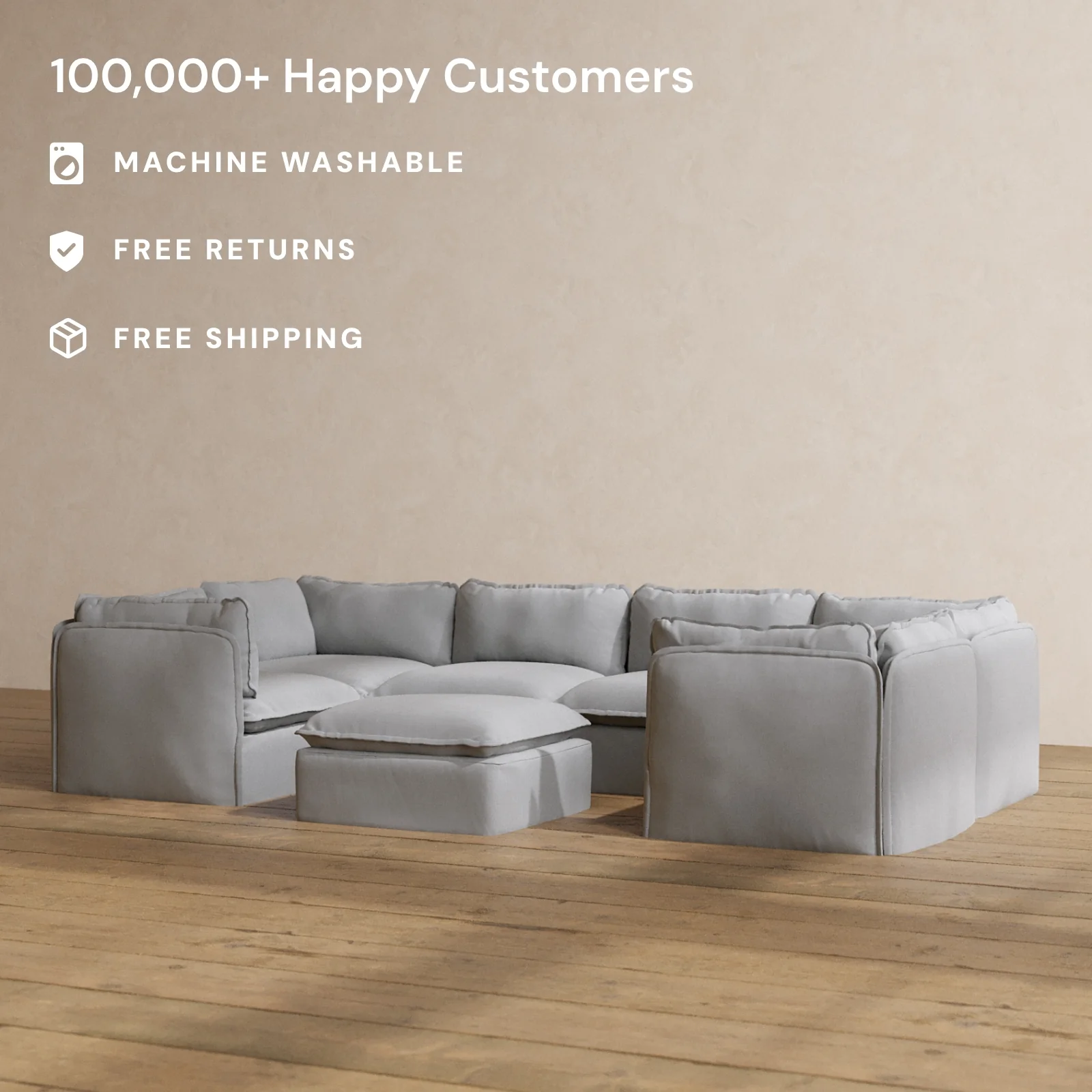 Modular Washable 6-Seater U-Sectional + Ottoman in Pumice | Memorix+ Seat | Contour Pillow - Image 2