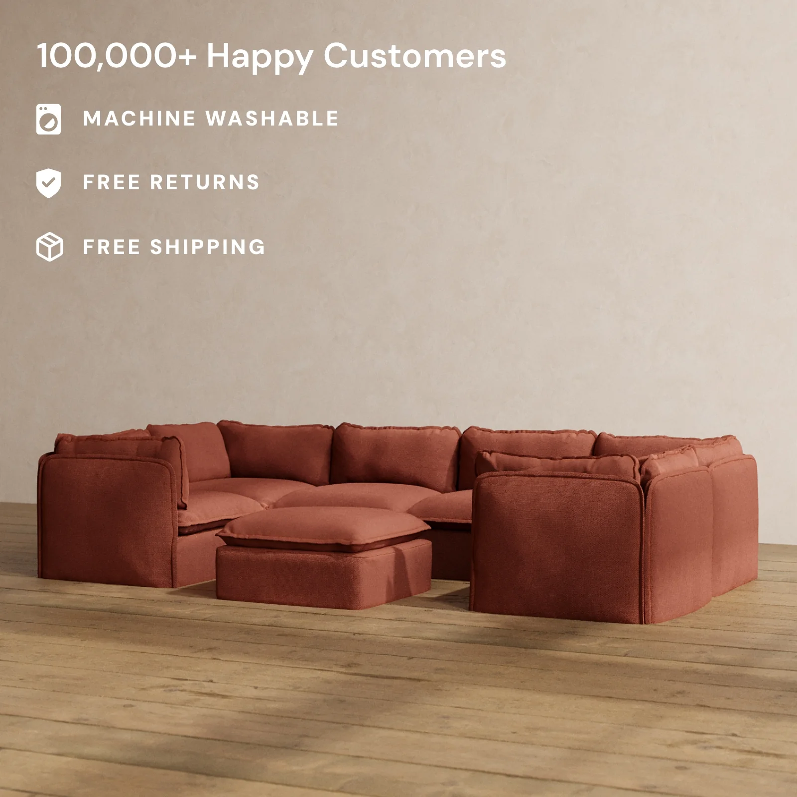 Modular Washable 6-Seater U-Sectional + Ottoman in Rust | Memorix+ Seat | Contour Pillow - Image 2