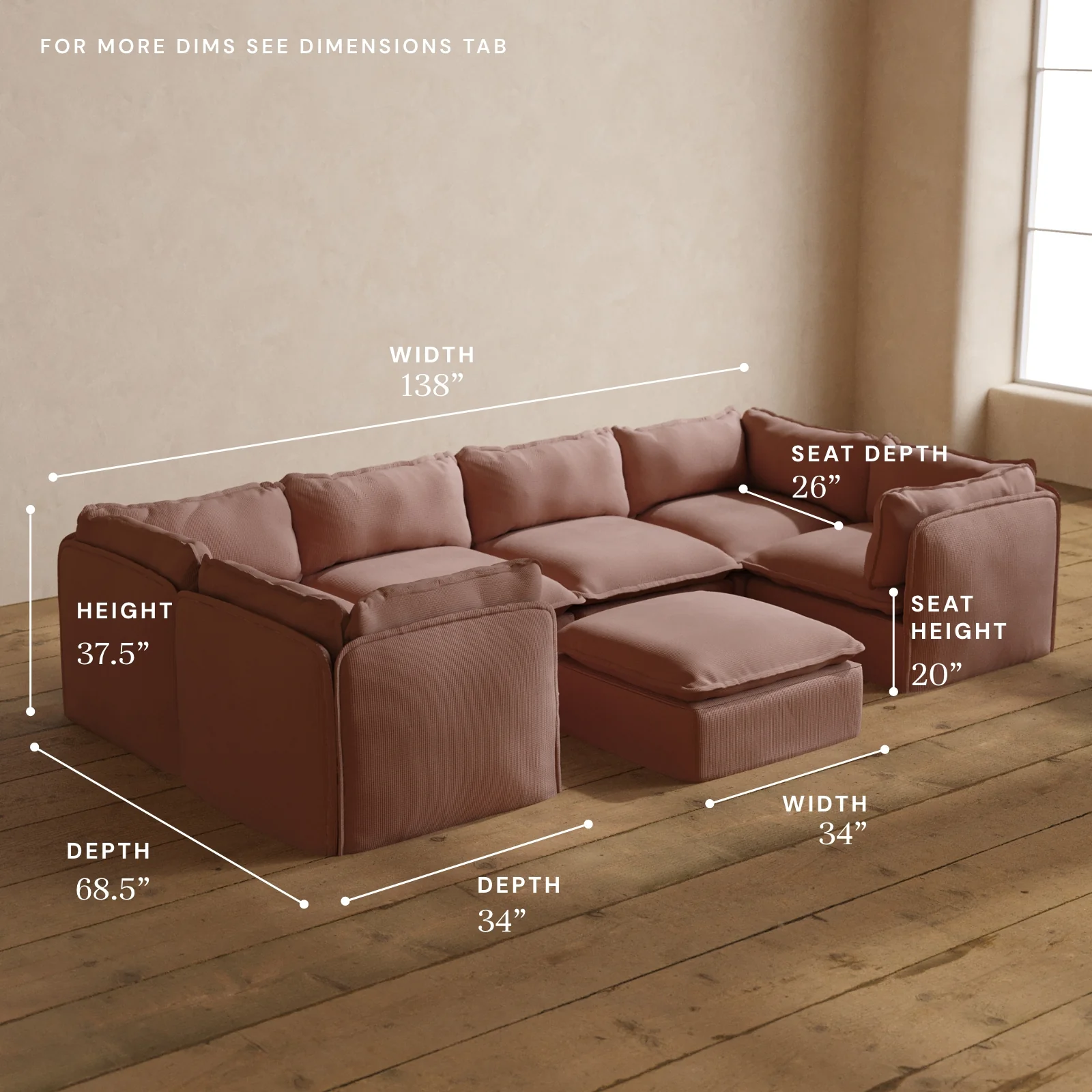 Modular Washable 6-Seater U-Sectional + Ottoman in Sakura | Deluxe+ Seat | Cloud Pillow - Image 5
