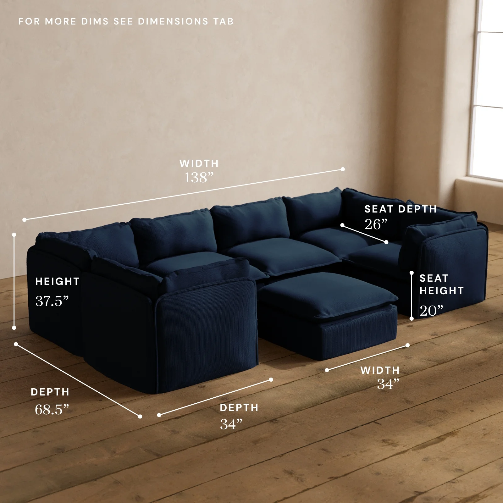 Modular Washable 6-Seater U-Sectional + Ottoman in Sumi | Memorix+ Seat | Contour Pillow - Image 5