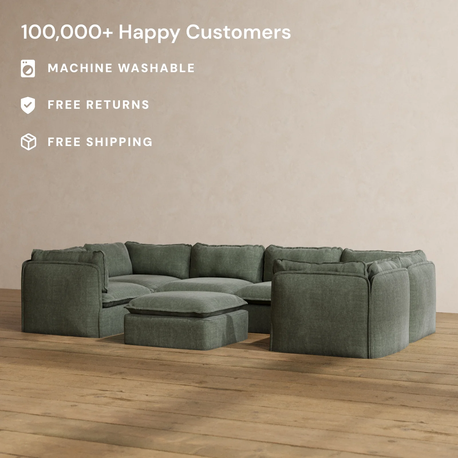 Modular Washable 6-Seater U-Sectional + Ottoman in Willow | Memorix+ Seat | Contour Pillow - Image 2