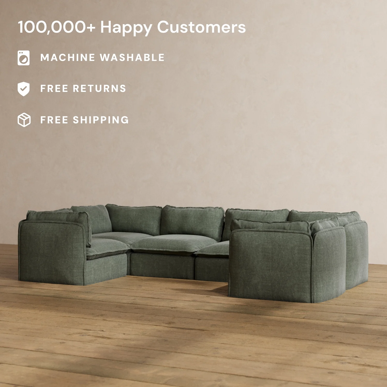 Modular Washable 6-Seater U-Sectional in Willow | Deluxe+ Seat | Cloud Pillow - Image 2