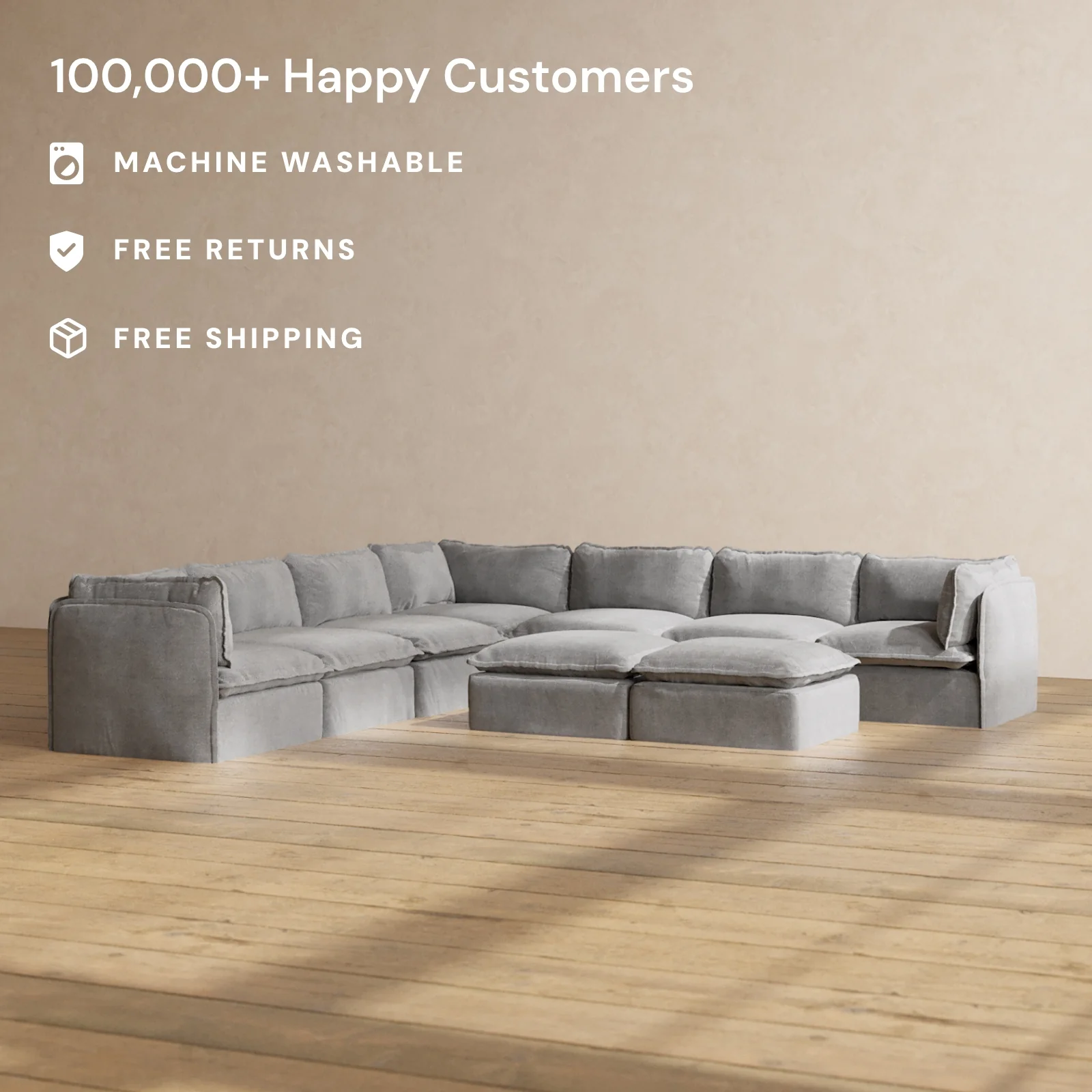 Modular Washable 7-Seater Corner Sectional + Bench Ottoman in Ash | Deluxe+ Seat | Cloud Pillow - Image 2