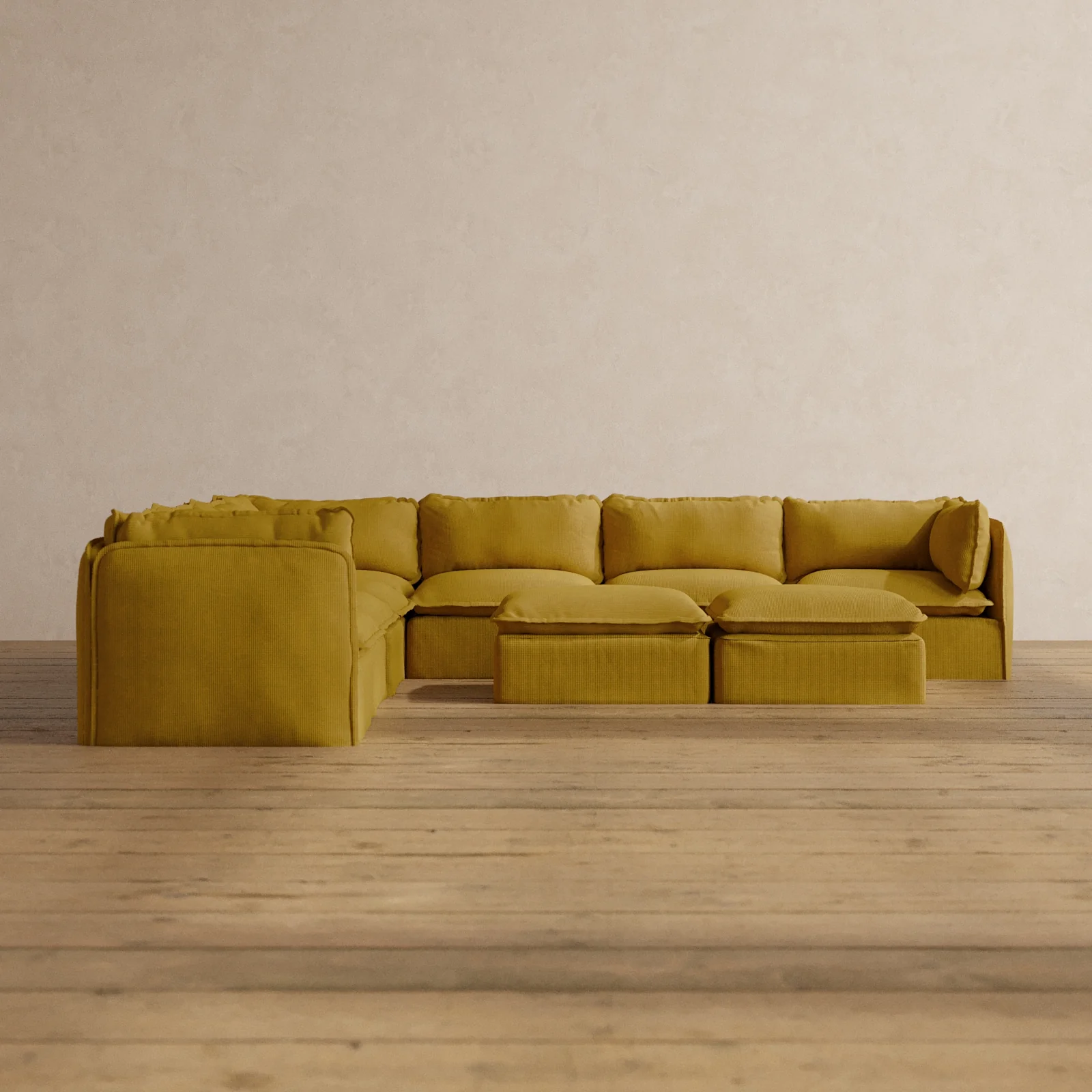 Modular Washable 7-Seater Corner Sectional + Bench Ottoman in Kiiro | Memorix+ Seat | Contour Pillow