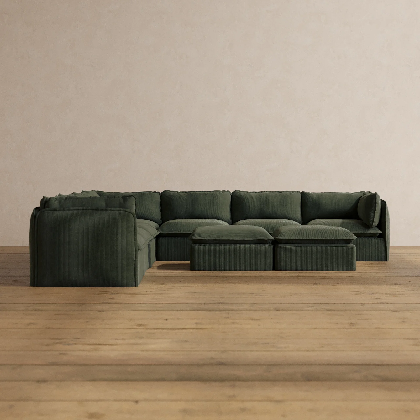 Modular Washable 7-Seater Corner Sectional + Bench Ottoman in Olivine | Memorix+ Seat | Contour Pillow