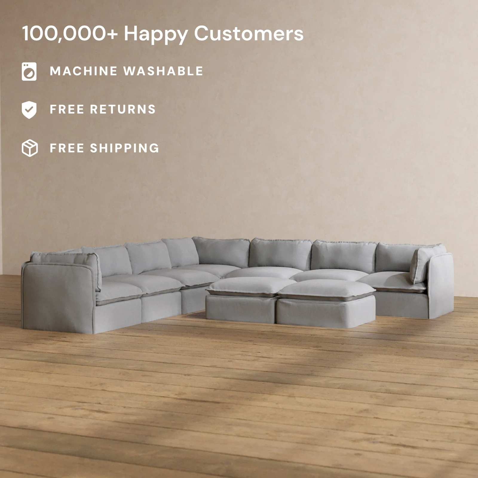 Modular Washable 7-Seater Corner Sectional + Bench Ottoman in Pumice | Memorix+ Seat | Contour Pillow - Image 2