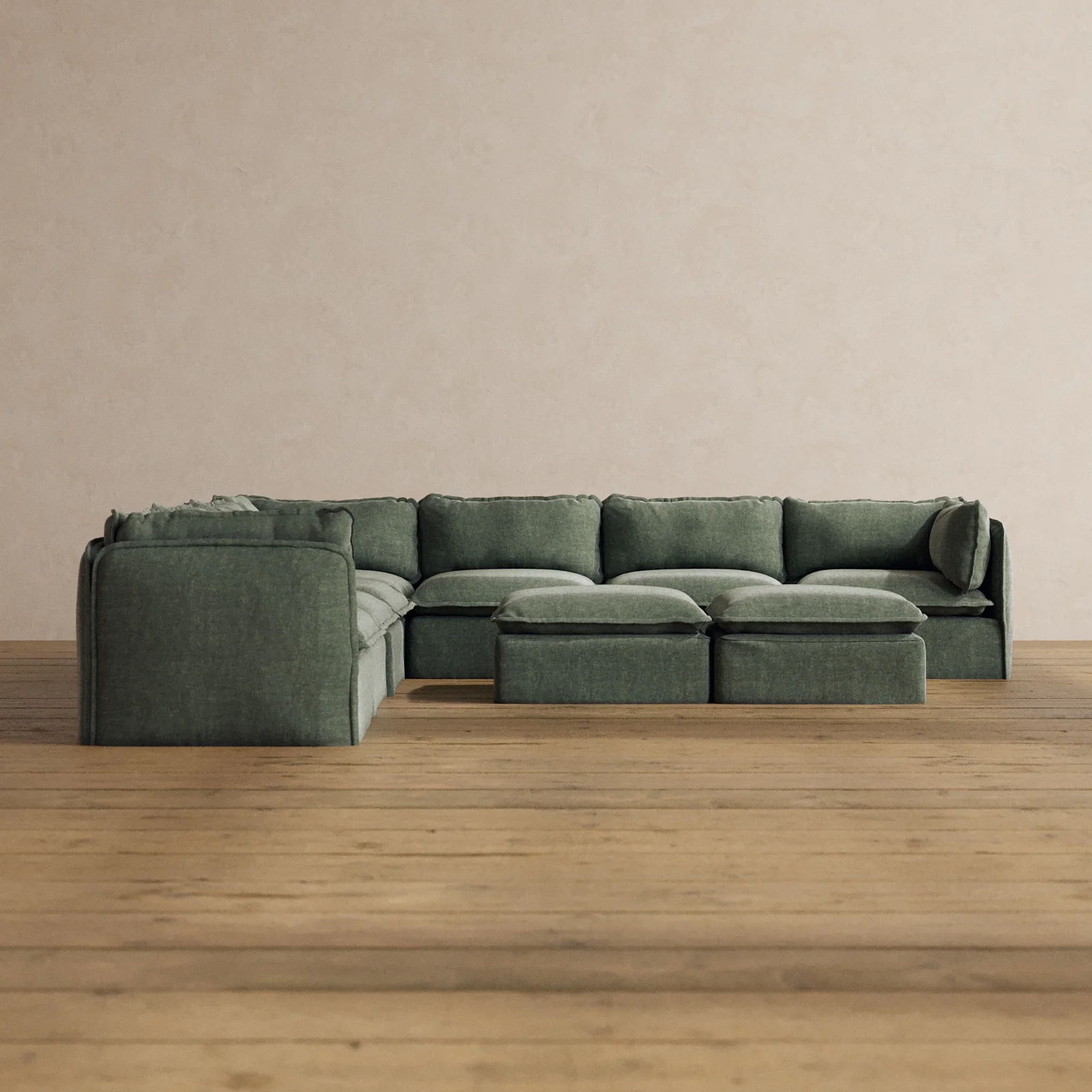 Modular Washable 7-Seater Corner Sectional + Bench Ottoman in Willow | Memorix+ Seat | Contour Pillow