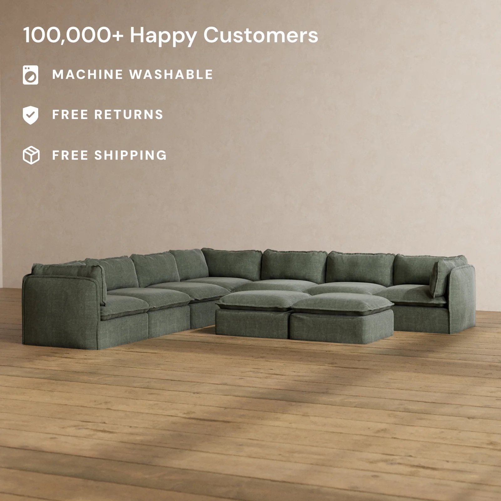 Modular Washable 7-Seater Corner Sectional + Bench Ottoman in Willow | Memorix+ Seat | Contour Pillow - Image 2