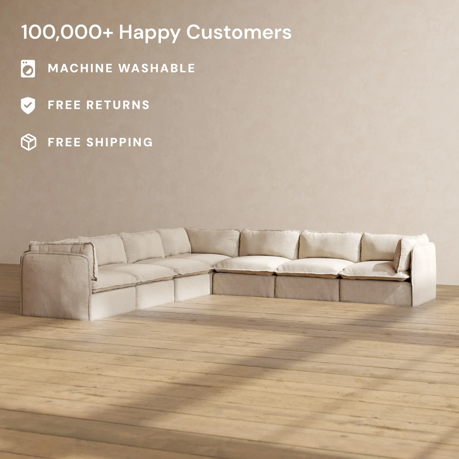 Modular Washable 7-Seater Corner Sectional in Oat | Memorix+ Seat | Contour Pillow - Image 2