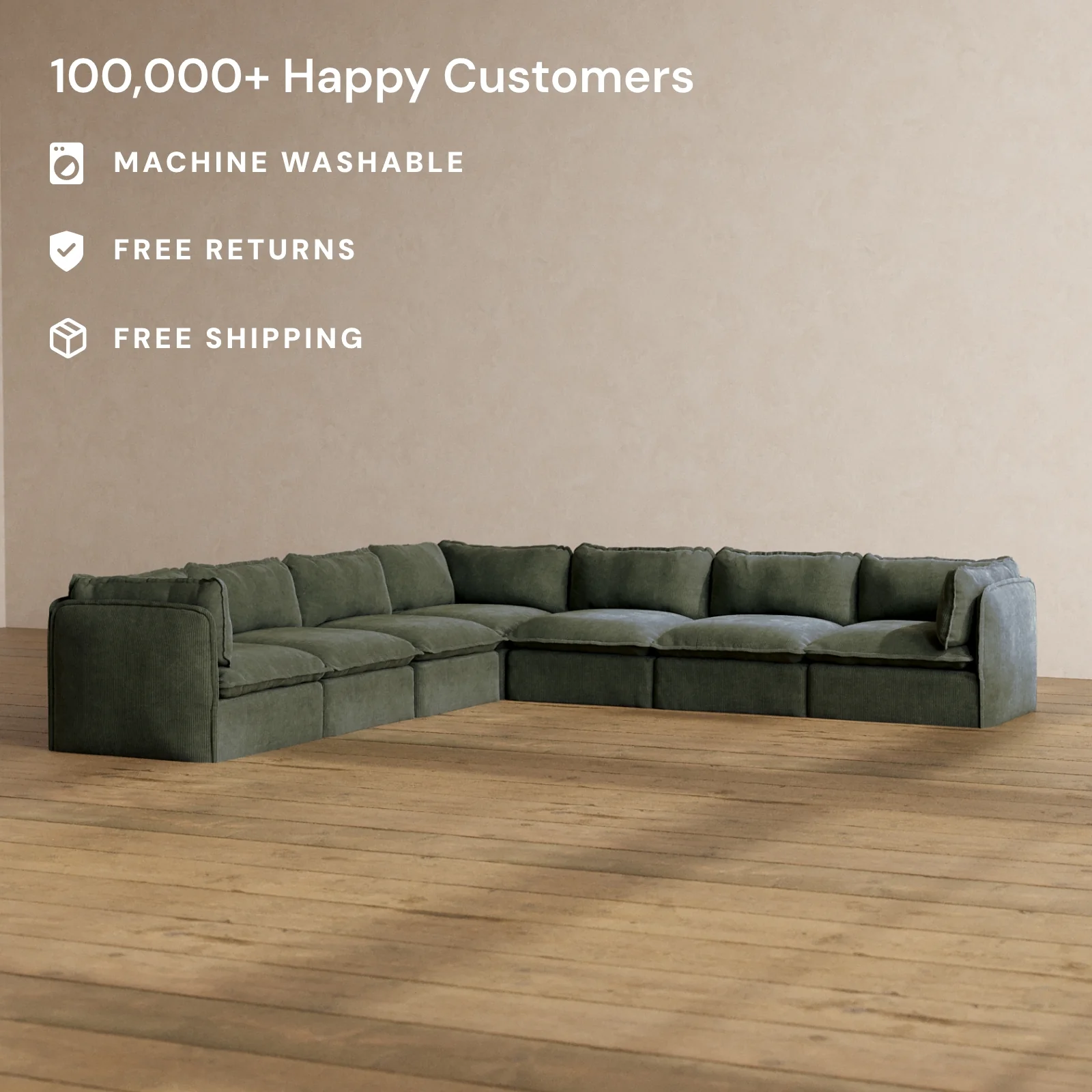 Modular Washable 7-Seater Corner Sectional in Olivine | Deluxe+ Seat | Cloud Pillow - Image 2